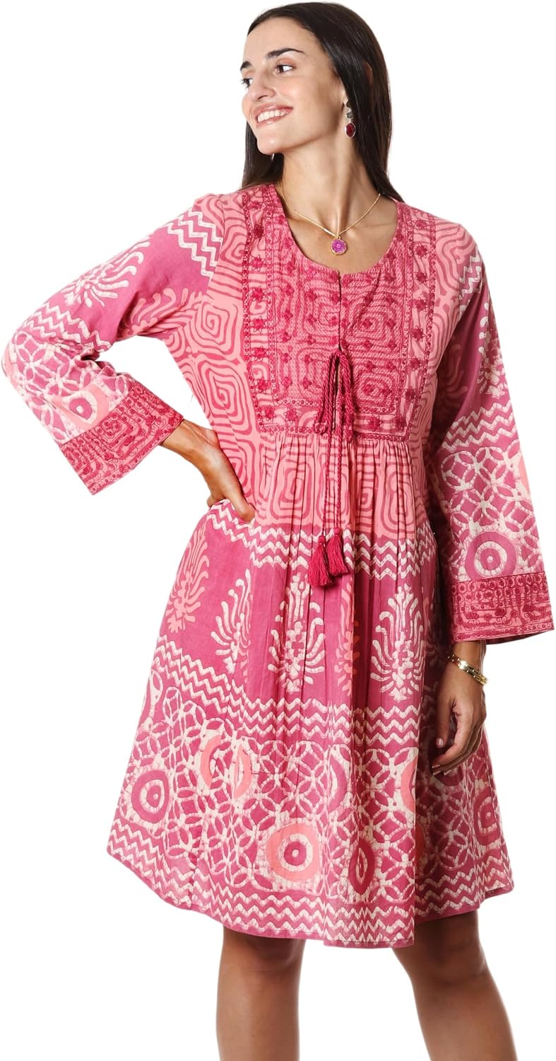 NOVICA Artisan Hand Embroidered Cotton Aline Dress from India Clothing Pink Printed Geometric Floral 'Petal Pink'