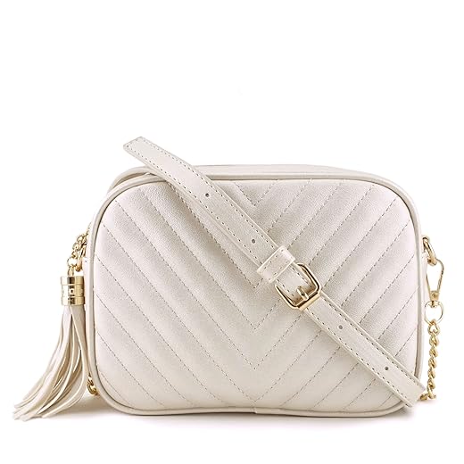 Simple Shoulder Crossbody Bag With Metal Chain Strap And Tassel Top Zipper (Pearl White)