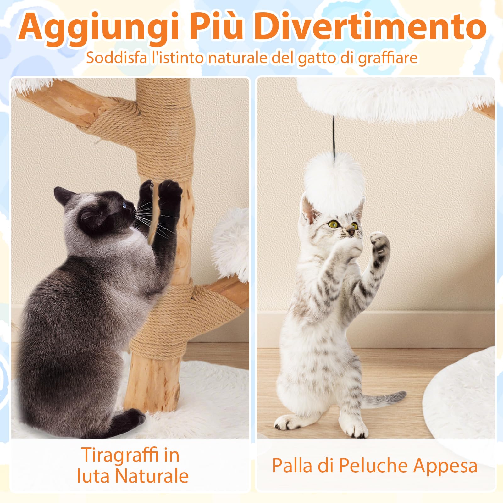 COSTWAY Albero per Gatti 90 cm, Torre per Gatti in Legno con Piattaforma in Tessuto in Pile Lungo, Tiragraffi in Juta e Pallina Pendente, Cuccia per Animali Domestici (Bianco)