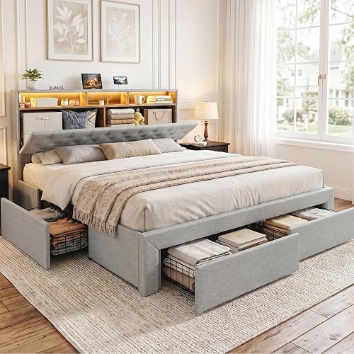 IKIFLY California King Bed Frames with 4 Drawers & Hidden Storage Headboard, Upholstered Cal King Platform Bed with LED Lights and Charging Station, No Box Spring Needed, Noise Free, Light Grey