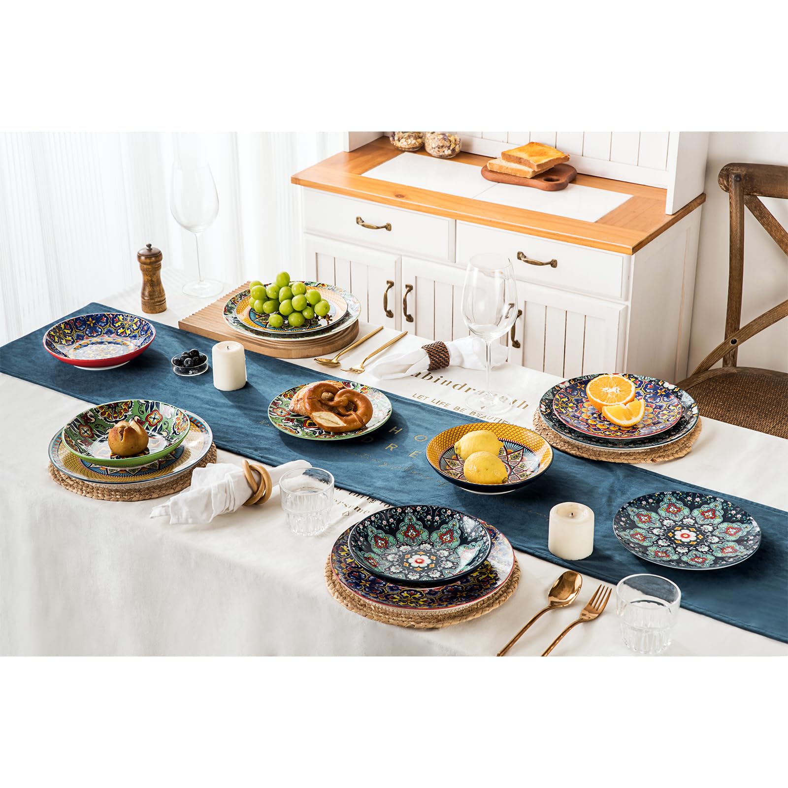 HENXFEN LEAD servizio da tavola in porcellana, servizio da 12 pezzi per 4 persone - Stoviglie colorate composte da 4x piatti da portata, 1x piatto, 4x piatti fondi - Stile bohémien