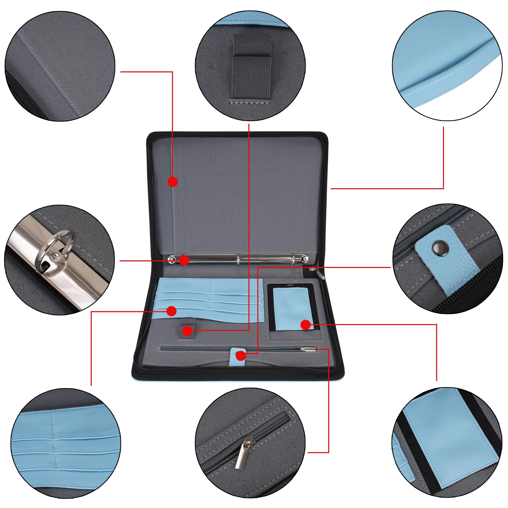 Wonderpool Viaggio Portfolio con Zip 3 Anelli A4 Padfolio Astuccio Documenti con Clip Rimovibile Portablocco, Organizzatore per Ufficio e Scuola per Uomini e Donne (Azzurro)