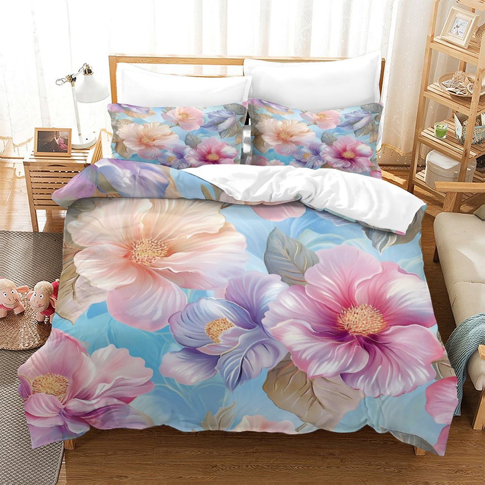 P1S9U7W5Y Chic Pastel Floral 3D Printed Duvet Cover Set 3pcs Soft Microfiber Bloom Bedding Set Super king（260x220cm）