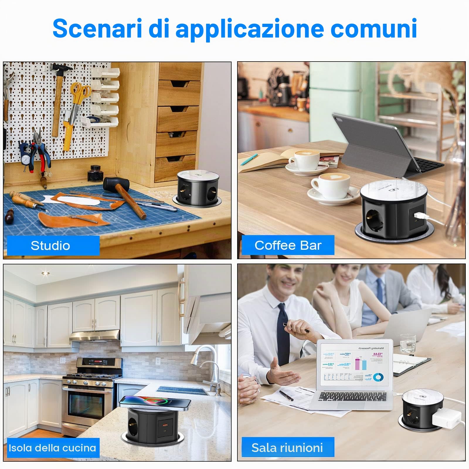 Ciabatta Multipresa 3 Prese USB C 20W, Ohuo Ciabatta con Ricarica wireless da 15W, Blocco Multipresa a Scomparsa con 3 Prese schuko EU e 2 porte USB, Cavo 2 m, Nero