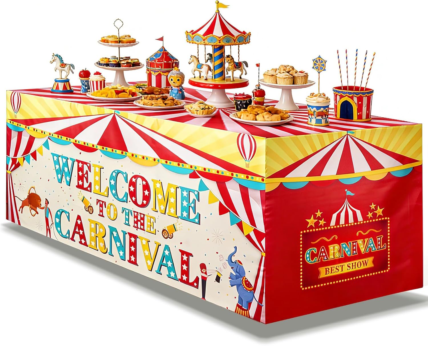 6FT Carnival Table Cloths,Carnival Theme Party Decorations,Circus Birthday Party Supplies for Carnival Night Birthday Movie Party,Clown Theme Birthday Party(Circus Tent)