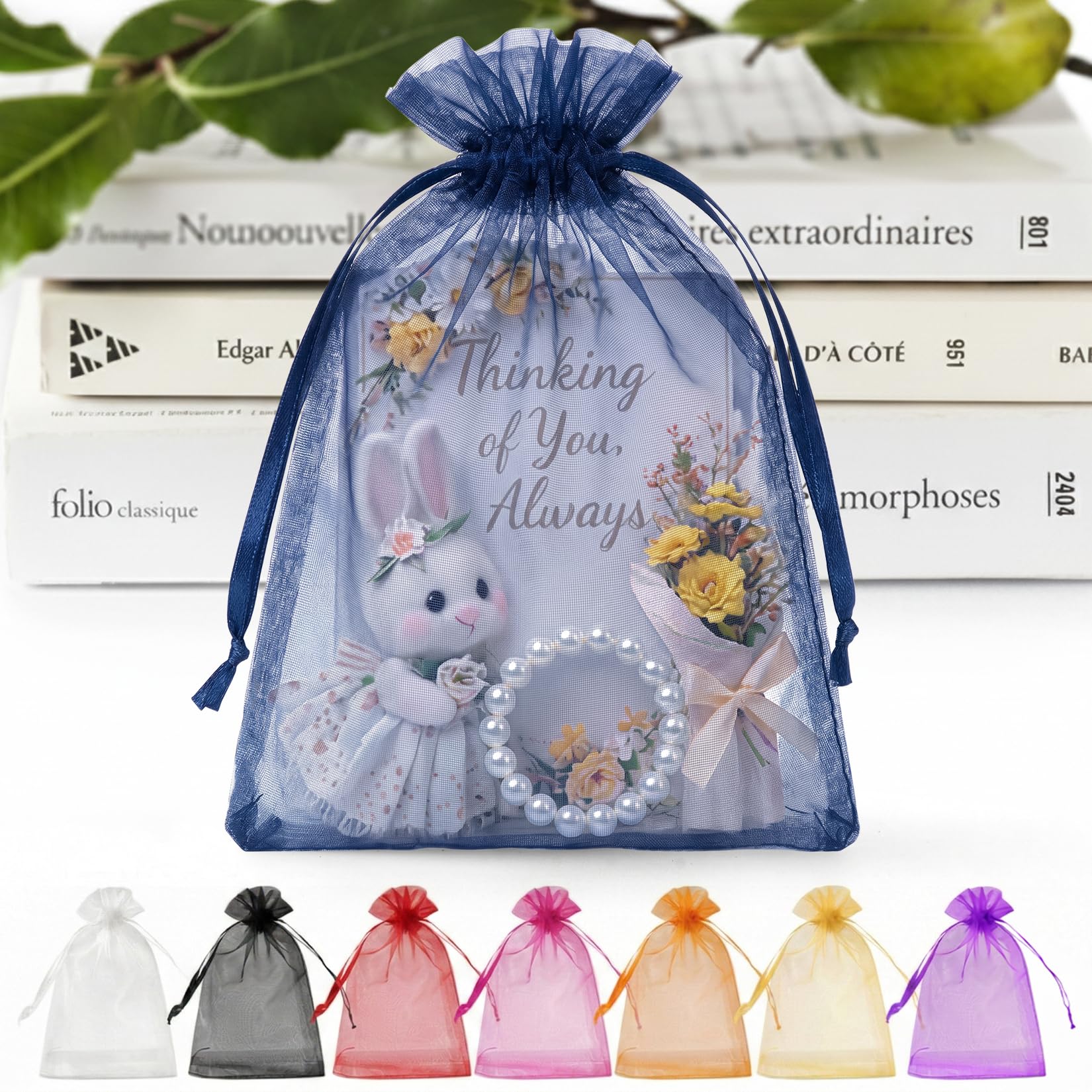 ANZNKU 50 PCS Organza Bags 5 x 7, Navy Blue Small Mesh Gift Bags Drawstring