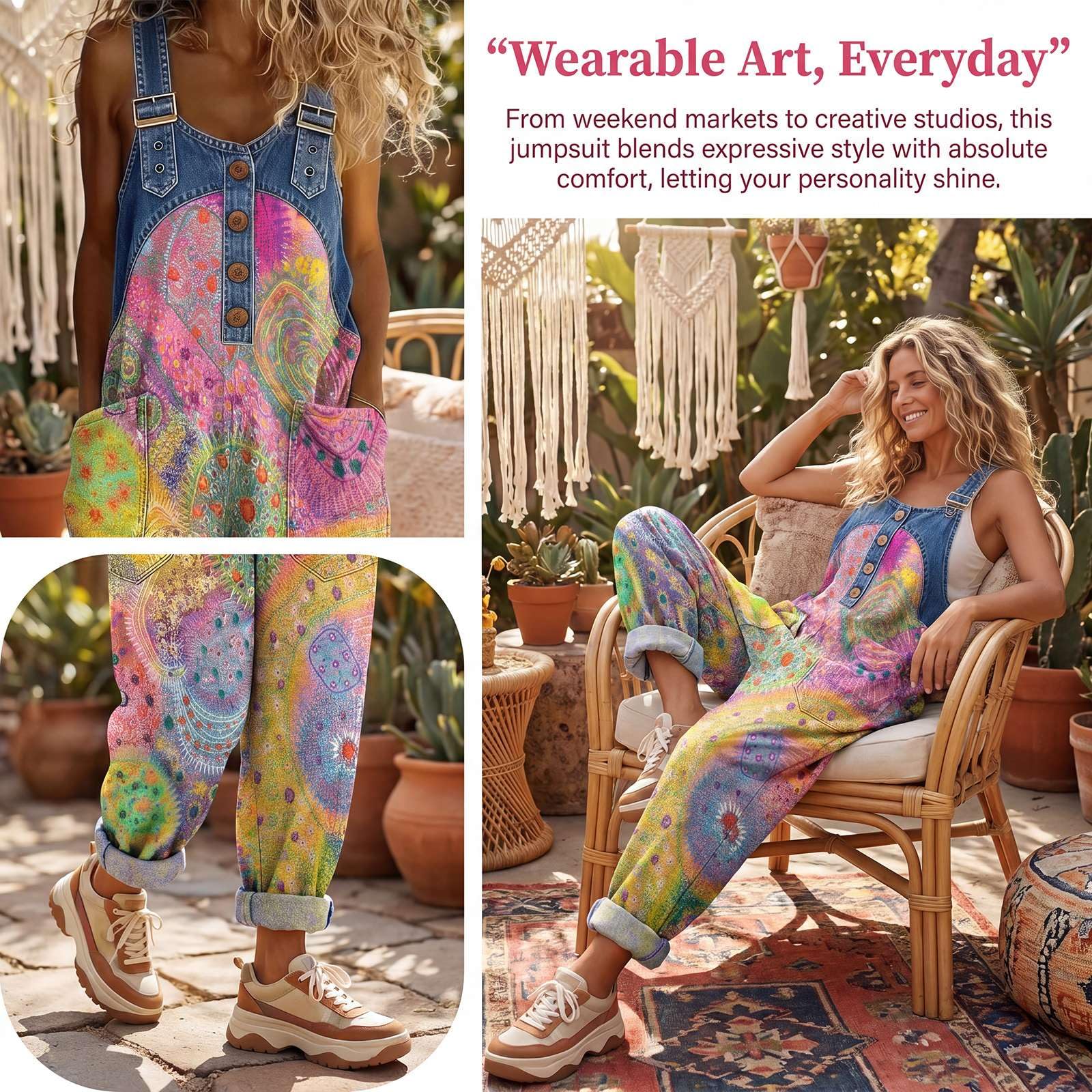 Genérico Mono Mujer Verano Bohemio Floral Petos Vaqueros Ajuste Holgado Pierna Ancha Overol Sin Mangas Elástico Peto Casual Overoles Tallas Grandes Cómodas Playa Con Bolsillos
