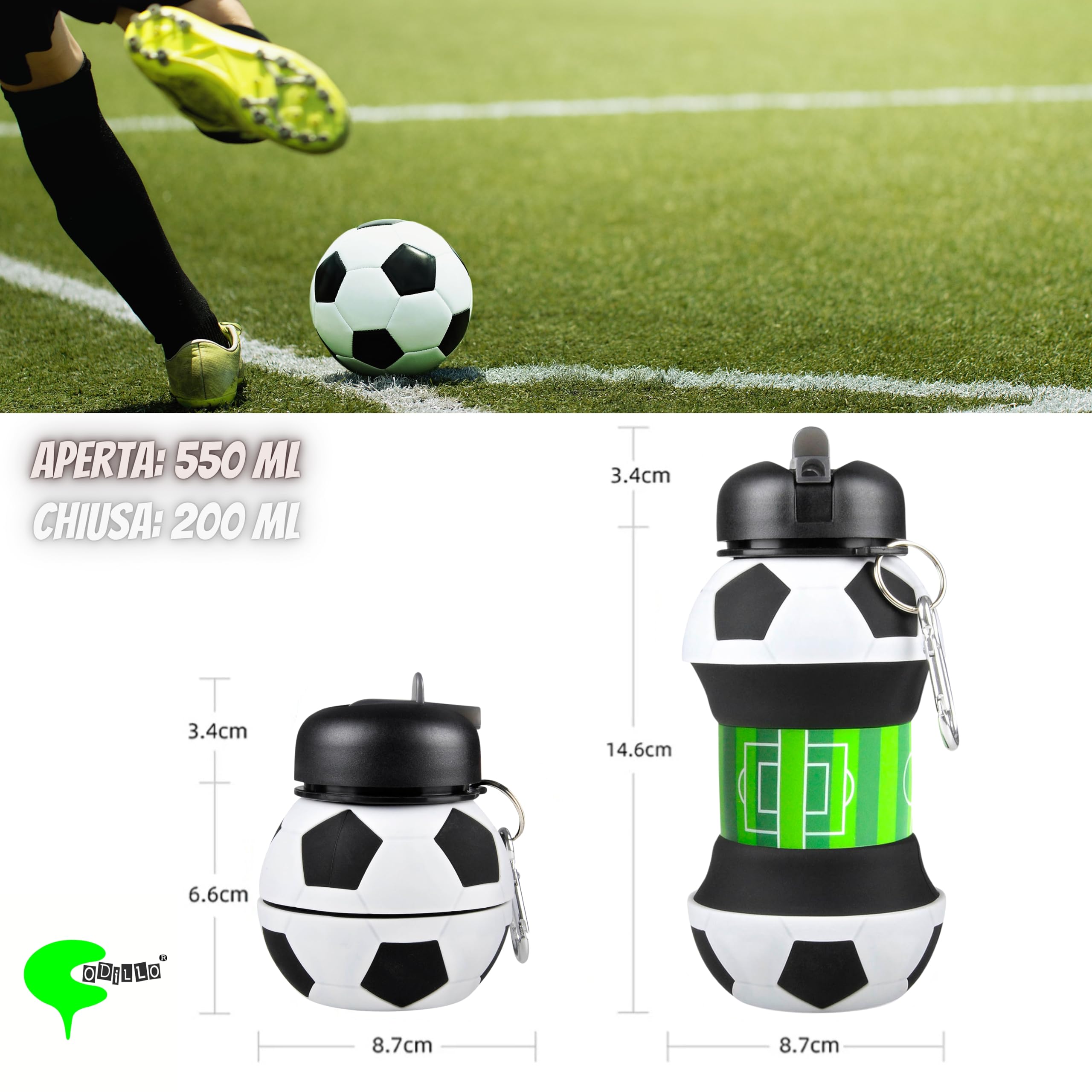 Borraccia Pieghevole In Silicone Per Bambini E Ragazzi - Senza BPA, 550ml, Design Calcio Bianco Nero - Foto 2