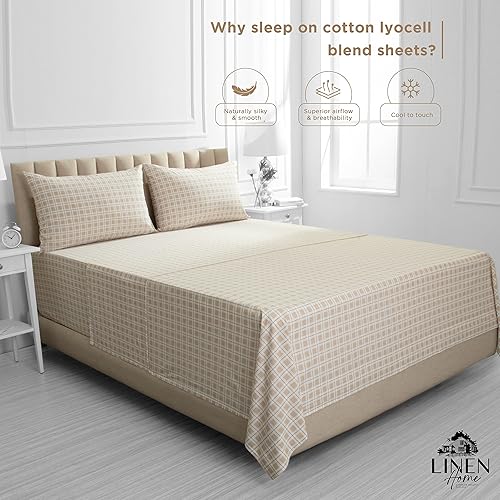 Miniatura 4 de Linen Home - Juego de sábanas estampadas de mezcla de algodón percal y lyocell, prelavadas, tamaño Queen, 4piezas, 1encimera, 1bajera de bolsillo