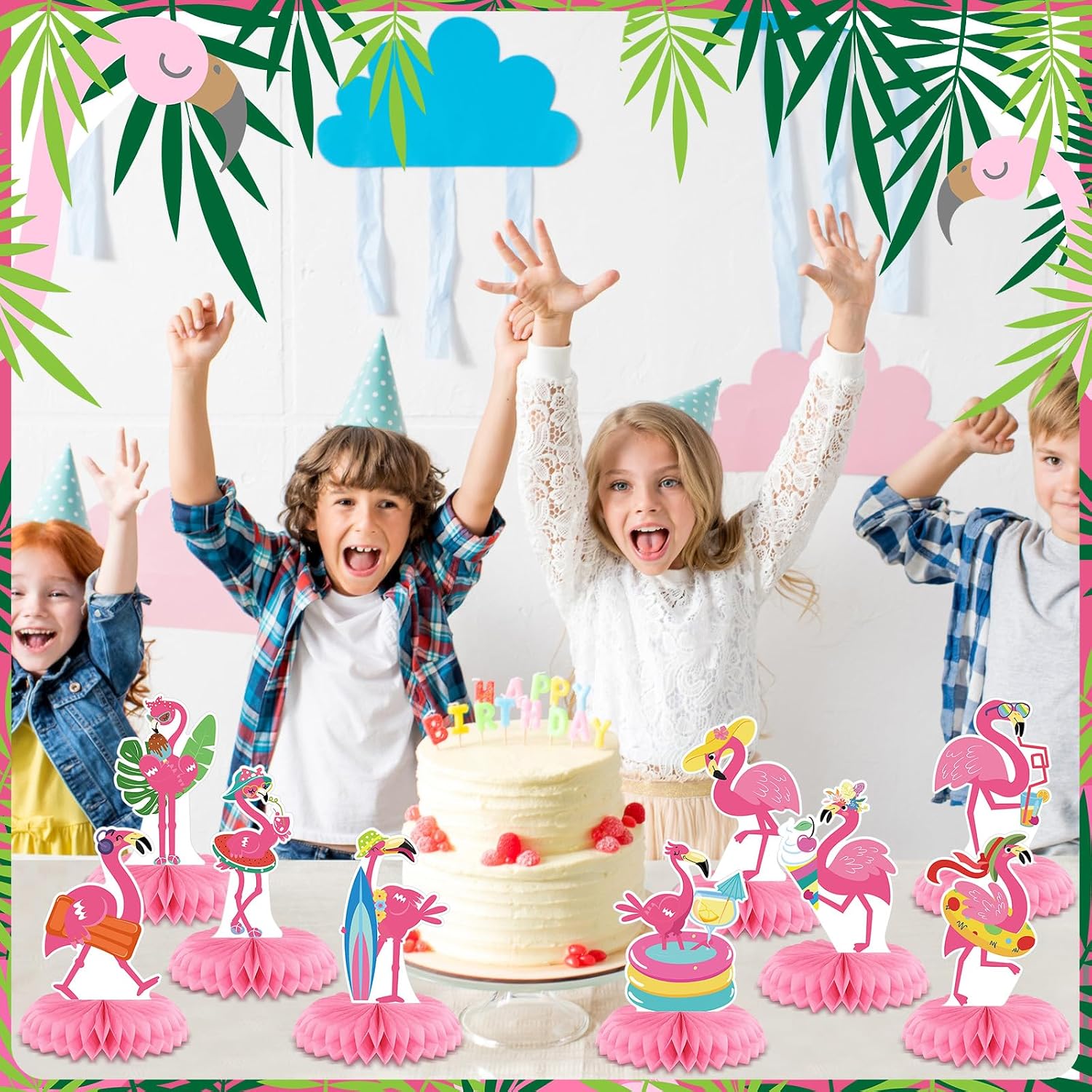 12 Pcs Flamingo Centerpieces for Tables Pink Flamingo Birthday Decorations Hawaii Luau Honeycomb Centerpieces Summer Tropical Aloha Table Toppers for Birthday Party Supplies