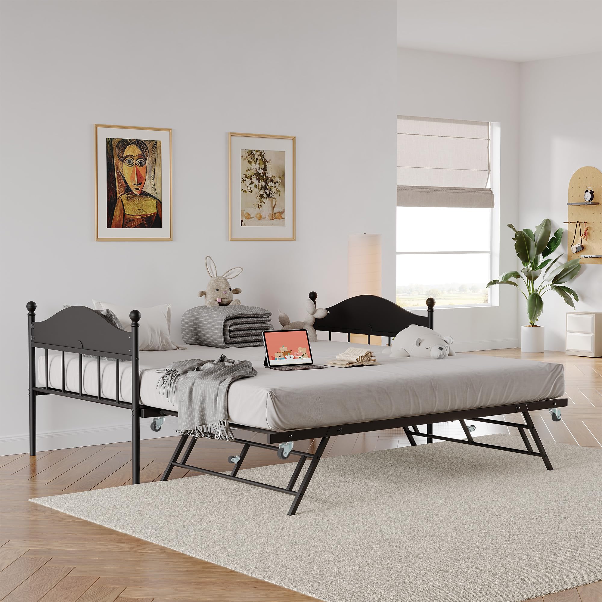 GAOMON Daybed with Trundle, Metal Twin Bed Frame with Pop Up Foldable Trundle Bed, Sofa Bed Frame with Stylish Headboard, Heavy Duty Steel Slats Platform for Living Room, Bedroom and Guest Room