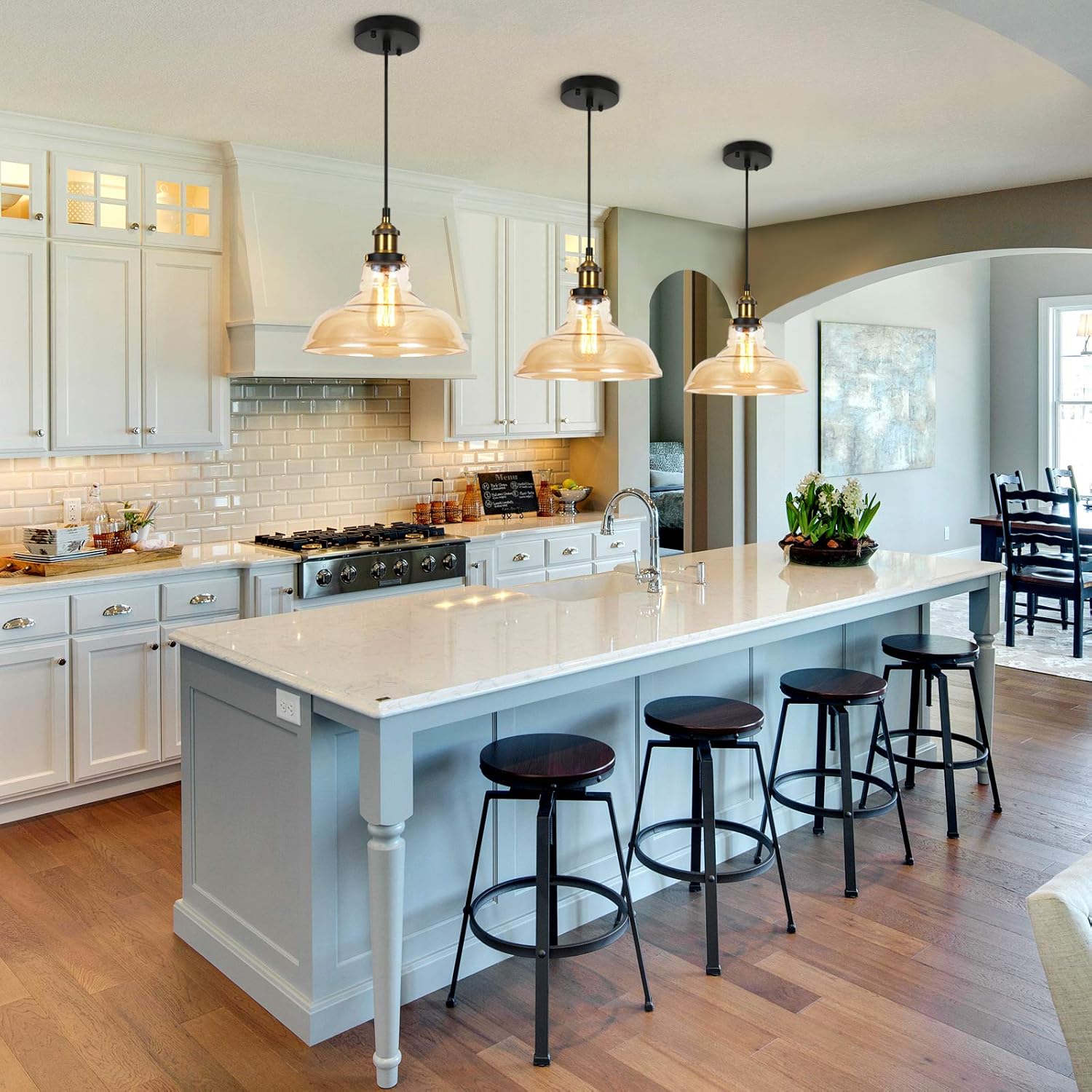 Best Deal ZSMIHDOH Farmhouse Vintage Pendant Lighting, Large Glass Pendant Light Fixtures for Kitchen Island Dining Sink Restaurant, with Handblown Seeded Glass Shade, Adjustable Hanging Height (Amber Glass)