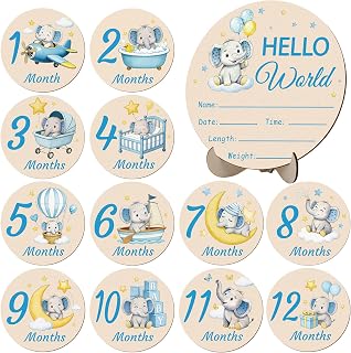 Wooden Baby Monthly Milestone Cards Double Sided Baby Birth Announcement Sign Hello World Milestone Sign Discs Pregnancy Baby Shower Gifts for Newborn Photo Props, Elephant