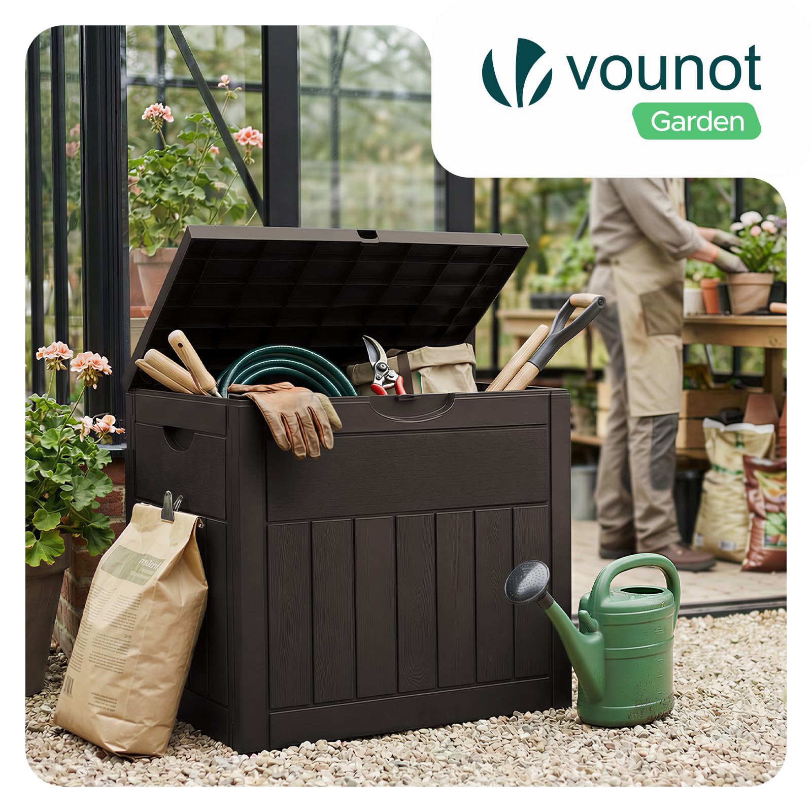 VOUNOT® Baule da Esterno 126L con Coperchio e Maniglie Incassate, Cassapanca da Giardino Impermeabile e Resistente ai Raggi UV 56x43x53 cm, per Terrazza, Balcone e Piscina, Effetto Legno, Marrone