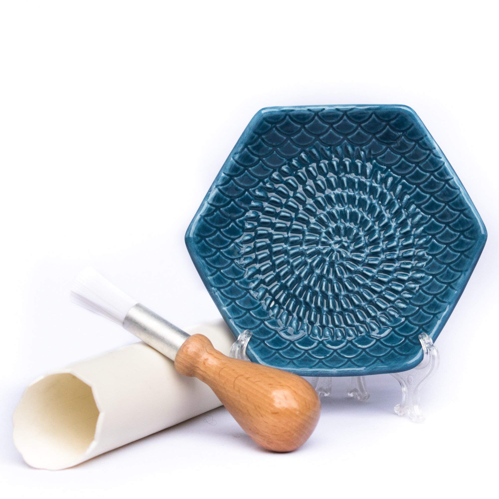 3 Piece Handmade Ceramic Garlic Grater Set - Grater, Peeler, Brush (Prussian Blue)