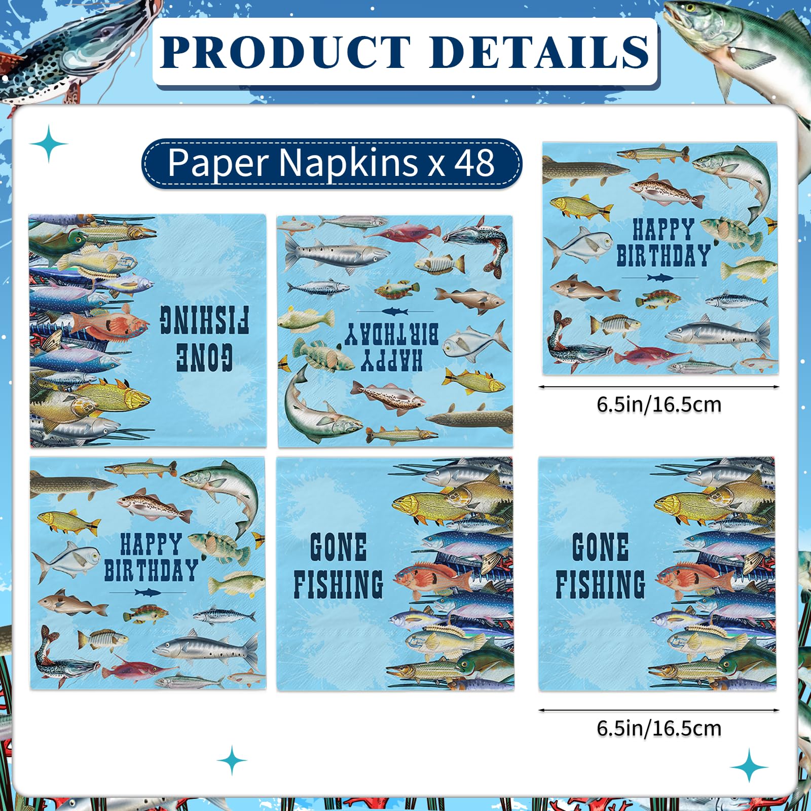 48Pcs Fish Napkins 2 Ply 6.5 * 6.5 Inches, Fishing Birthday Napkins, Fishing Birthday Party Decorations, Fishing Themed Party Decorations for Boy Girl