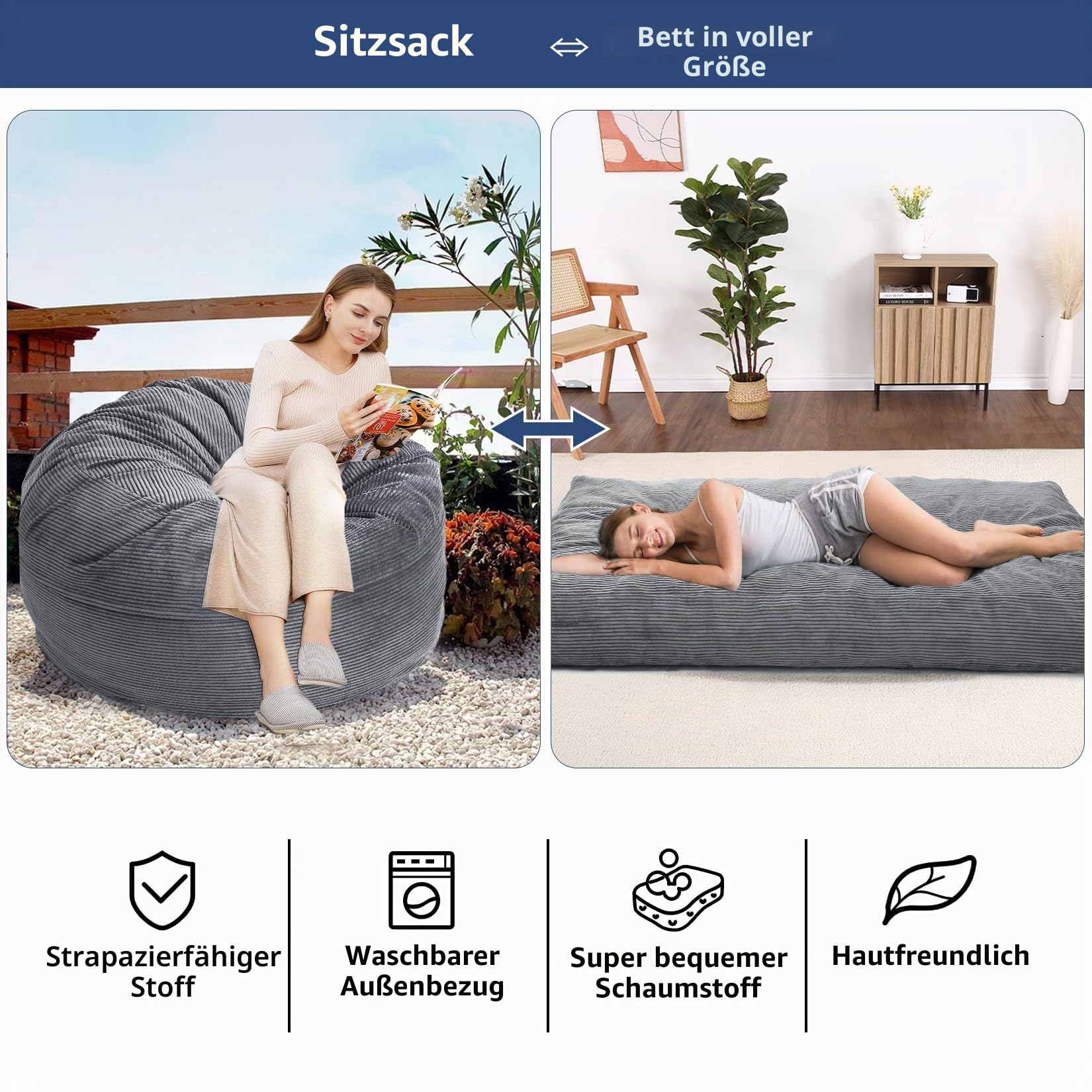 Sitzsack-Bett 200x150x25 cm, Umwandelbar Von XXL Sitzsack-Sessel Zu Bett, Mit Waschbarem Cordbezug, Komfortabler Schaumstoff-Füllung & Seitentasche, Für Wohnzimmer Schlafzimme Gaming, Hellgrau