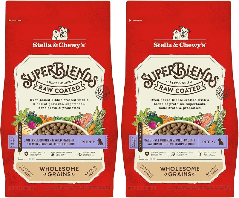 Ração seca para cães filhotes Stella & Chewy's SuperBlends com frango cage-free e salmão selvagem, grãos e superalimentos, 3,18 kg, pacote com 2