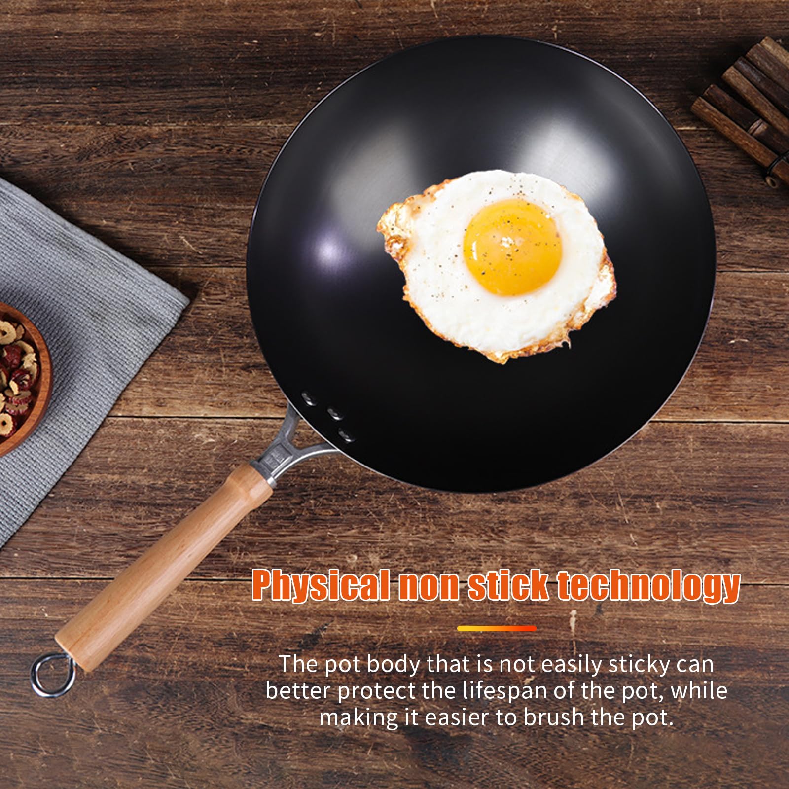 Wok in acciaio al carbonio martellato a mano, 30 cm, in acciaio al carbonio, per induzione, elettrico, gas, alogeno, tutti i fornelli