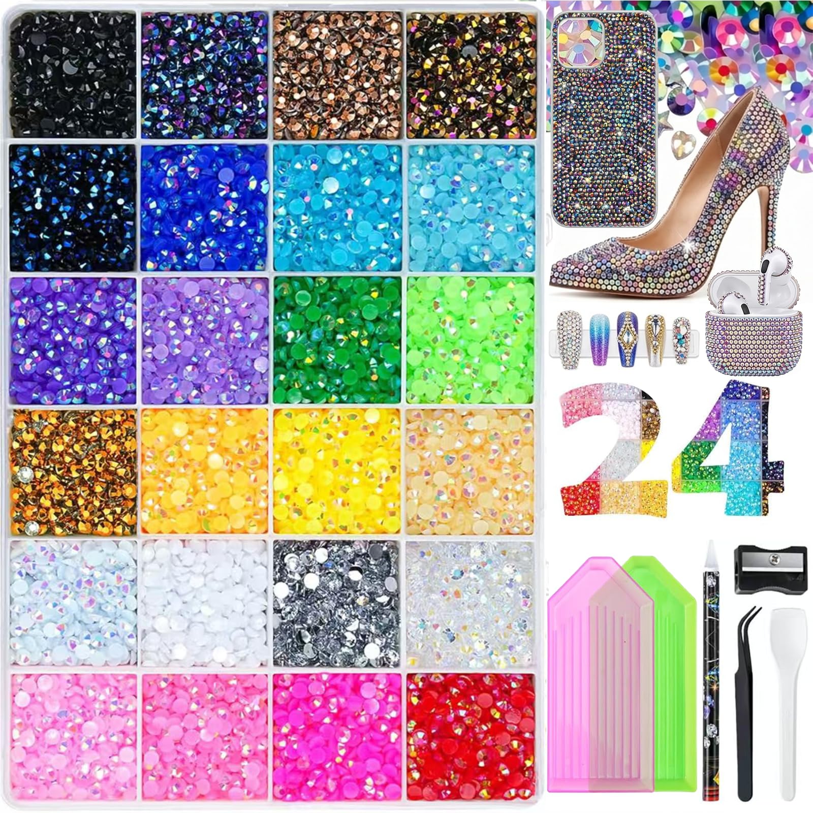 Kit Bedazzler Strass per Unghie Kit di Decorazione con Pietre Glitter da 3 mm Pinzette e Set di Strumenti Strass in Resina Jelly a Base Piatta per NailArt Fai da Te Tessuti e Diamond Painting 24Colori