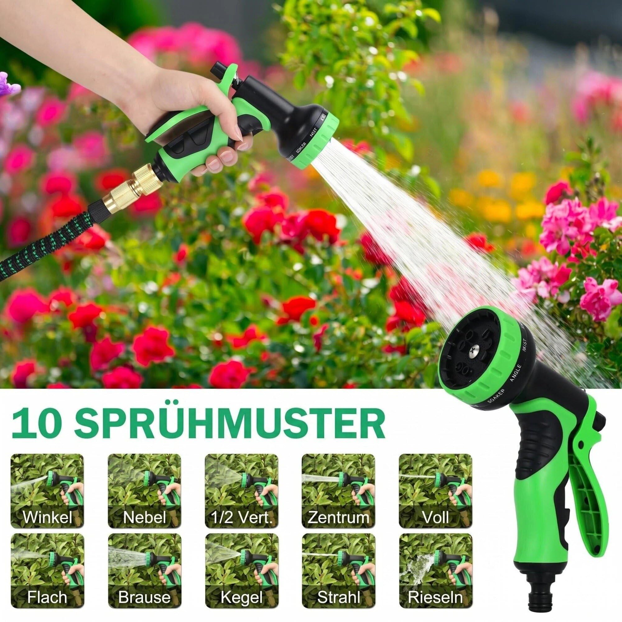 Ausziehbarer Gartenschlauch, Gartenschlauch mit 10 Funktionsdüsen, leichter elastischer Schlauch mit 3/4-Zoll- und 1/2-Zoll-Metallanschlüssen für Gartenbau Autowäsche und Bewässerung（75FT)