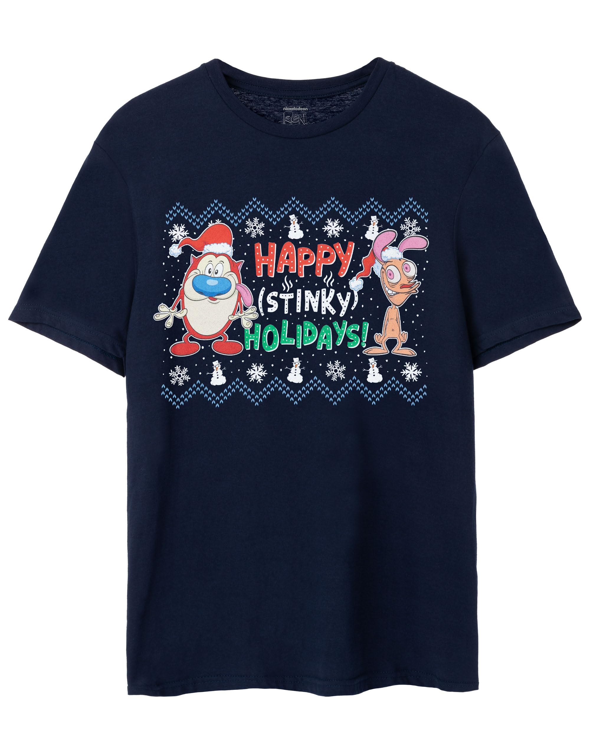 Nickelodeon Men's Navy - Happy Holidays Ren & Stimpy Christmas T-Shirt | Navy Blue Happy Stinky Holidays Graphic Tee For Adults | Short Sleeve Crewneck Festive Cartoon Top | Classic Apparel For Him