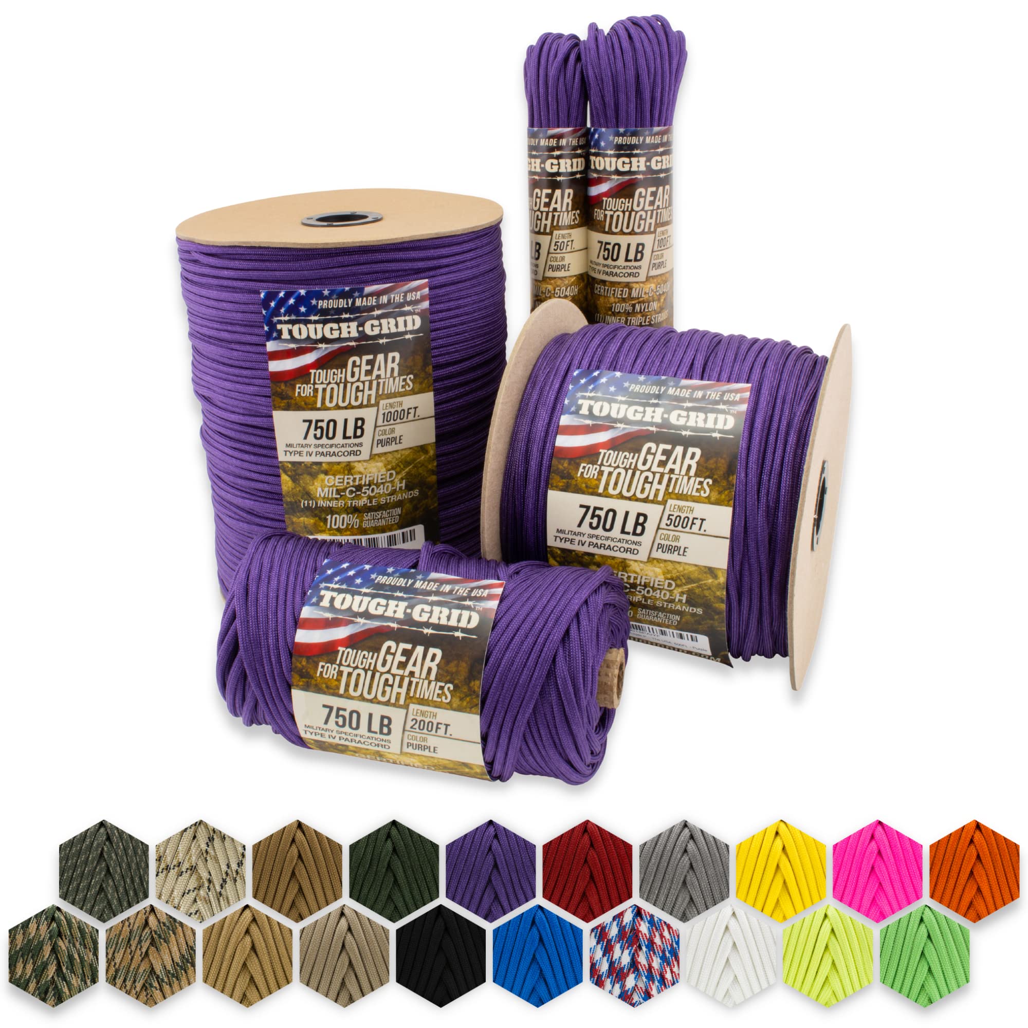 TOUGH-GRID 340 kg fioletowy paracord/linka spadochronowa, 100% nylon Mil-Spec Type IV Paracord używany przez wojsko amerykańskie, idealny do bransoletek i smyczy, 125 m - fioletowy