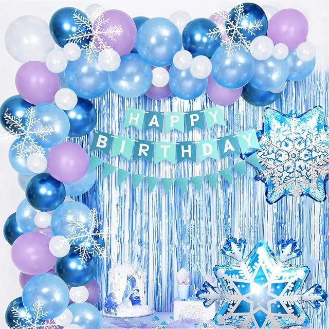 Teselife Frozen Birthday Party Decorations for Girls, 67 Pcs Snowflake Balloon Set Blue Giant Snowflake Foil Balloon with White Snowflake, Birthday Banner, Tassels for Birthday Party Baby Shower