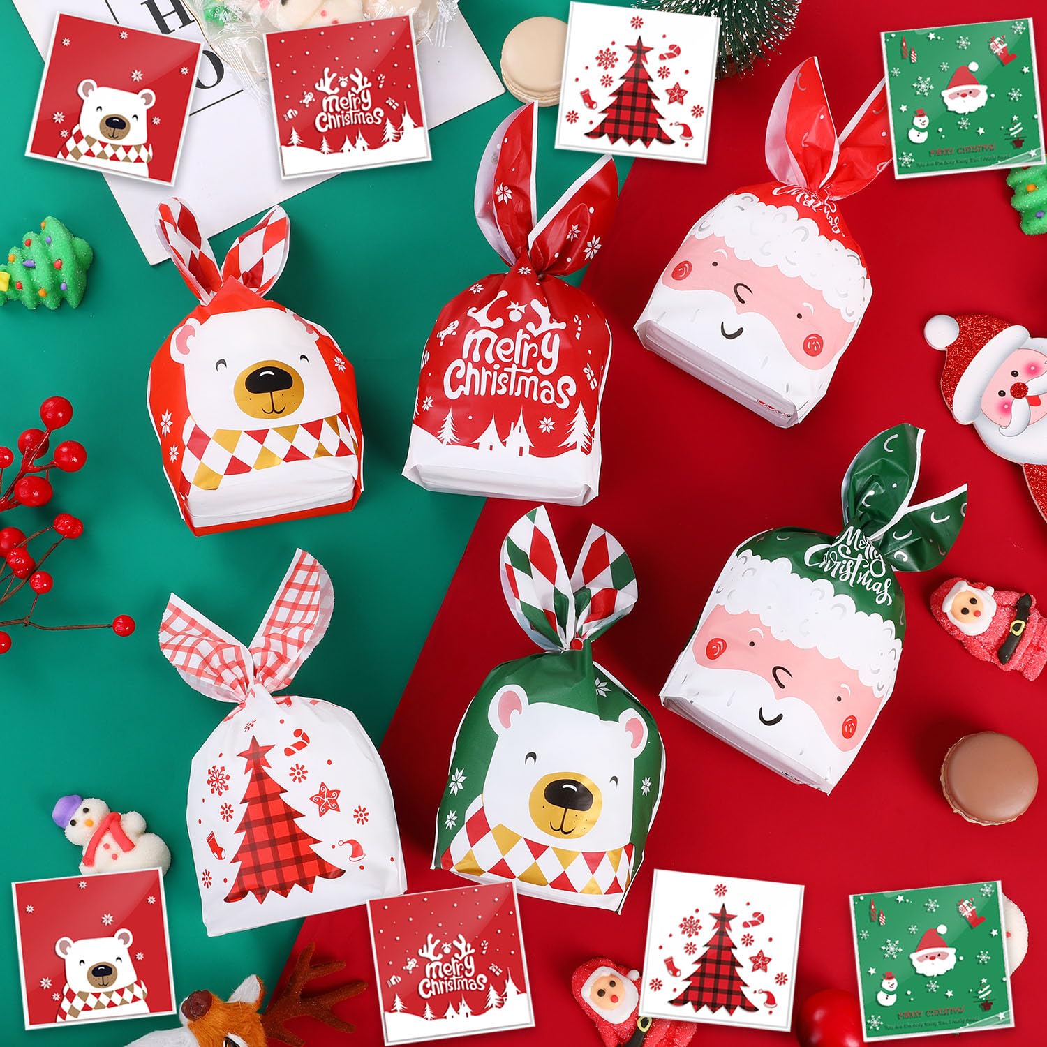 60 Sacchetti Regalo Natale In Plastica | 9 Design Diversi 14x23 Cm | Buste Per Biscotti, Caramelle E Piccoli Doni
