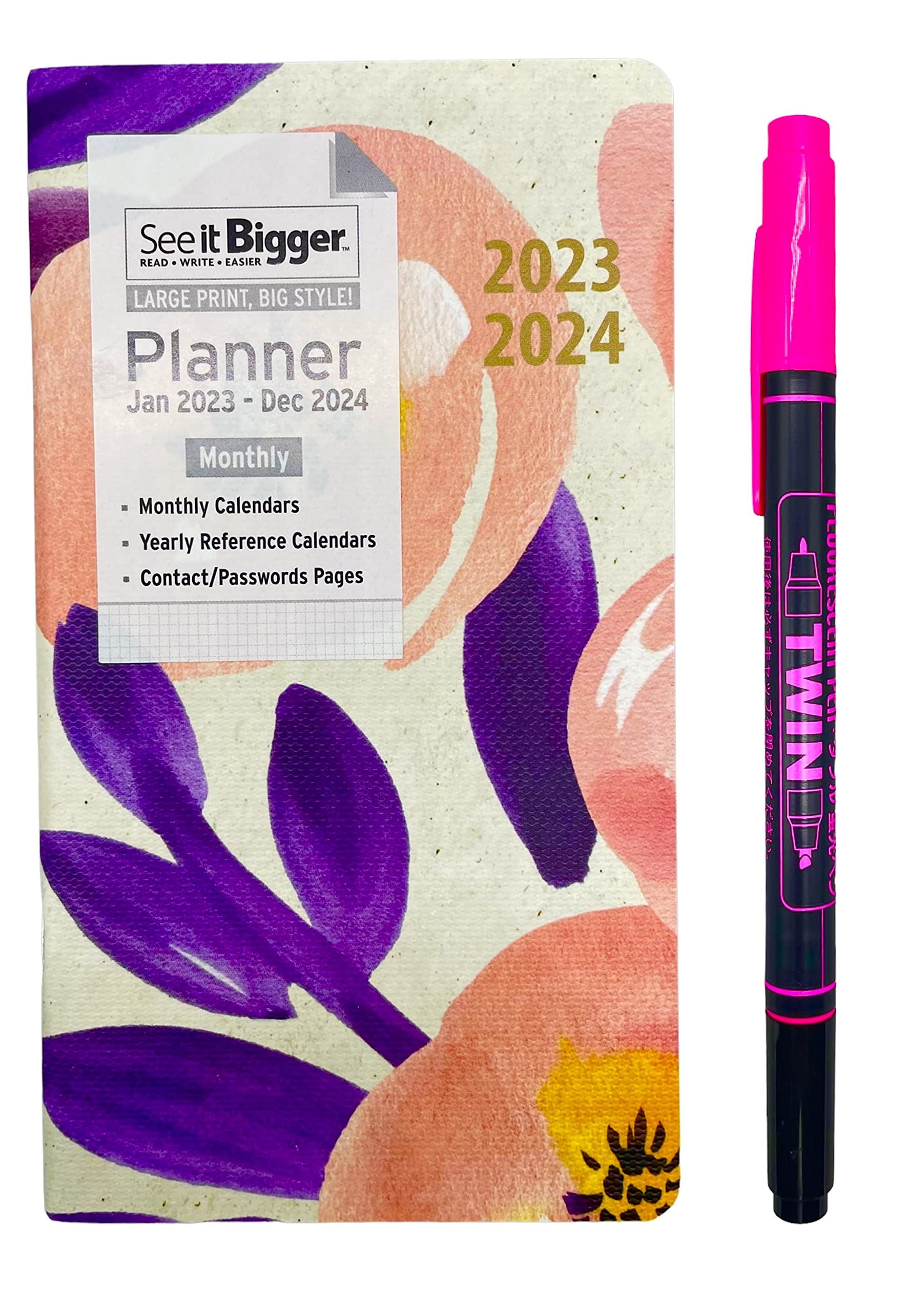 SUHEYLASEE IT BIGGER 2-Year Monthly Pocket Planner January 2023 - January 2024 6.75" x 3.75" and Twin Fluorescent Pen (Floral)