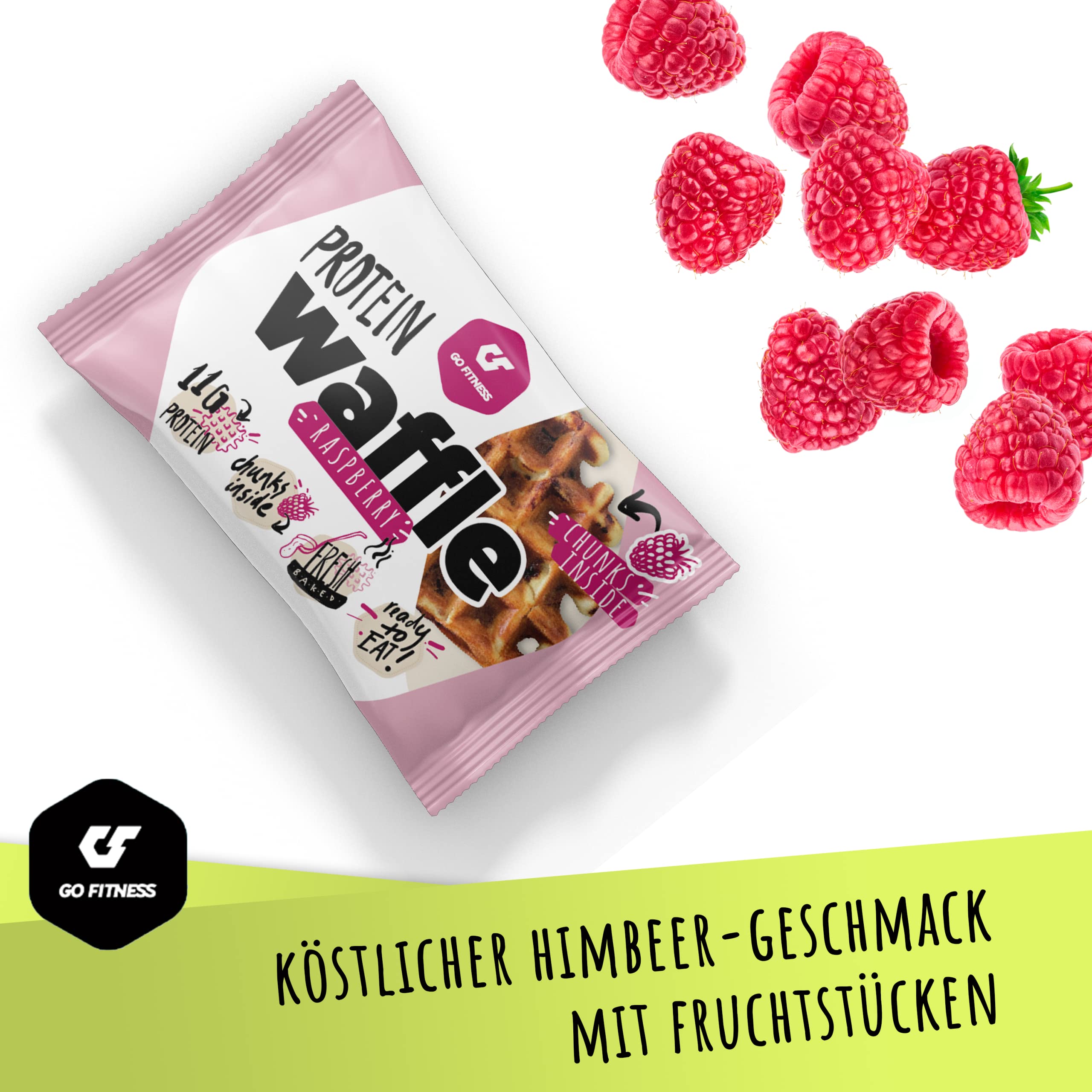 NEUE REZEPTUR - Go Fitness – [12x 50g] High Protein Waffeln – Himbeere - Waffeln extrem lecker und frisch gebacken - gesunde Energieriegel zum Muskelaufbau - Eiweißriegel 11g Protein