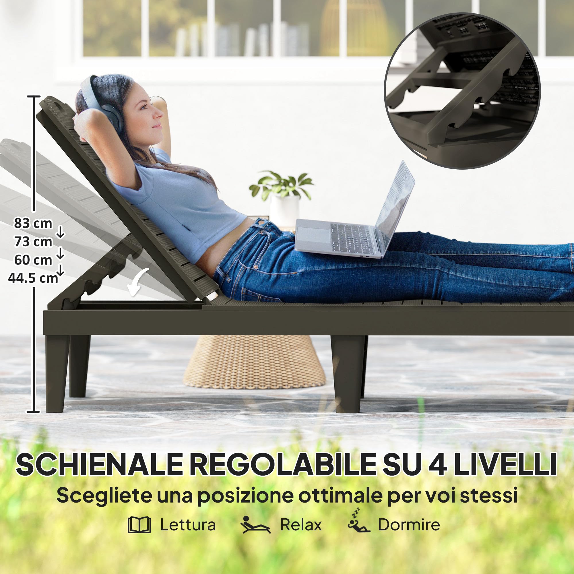 Outsunny Set di 2 Lettini Prendisole da Giardino con Schienale Regolabile su 4 Livelli, Sdraio da Giardino Impermeabile con Effetto Rattan a Doghe in PP, per Spiaggia, Piscina, 56x187x28cm, Nero