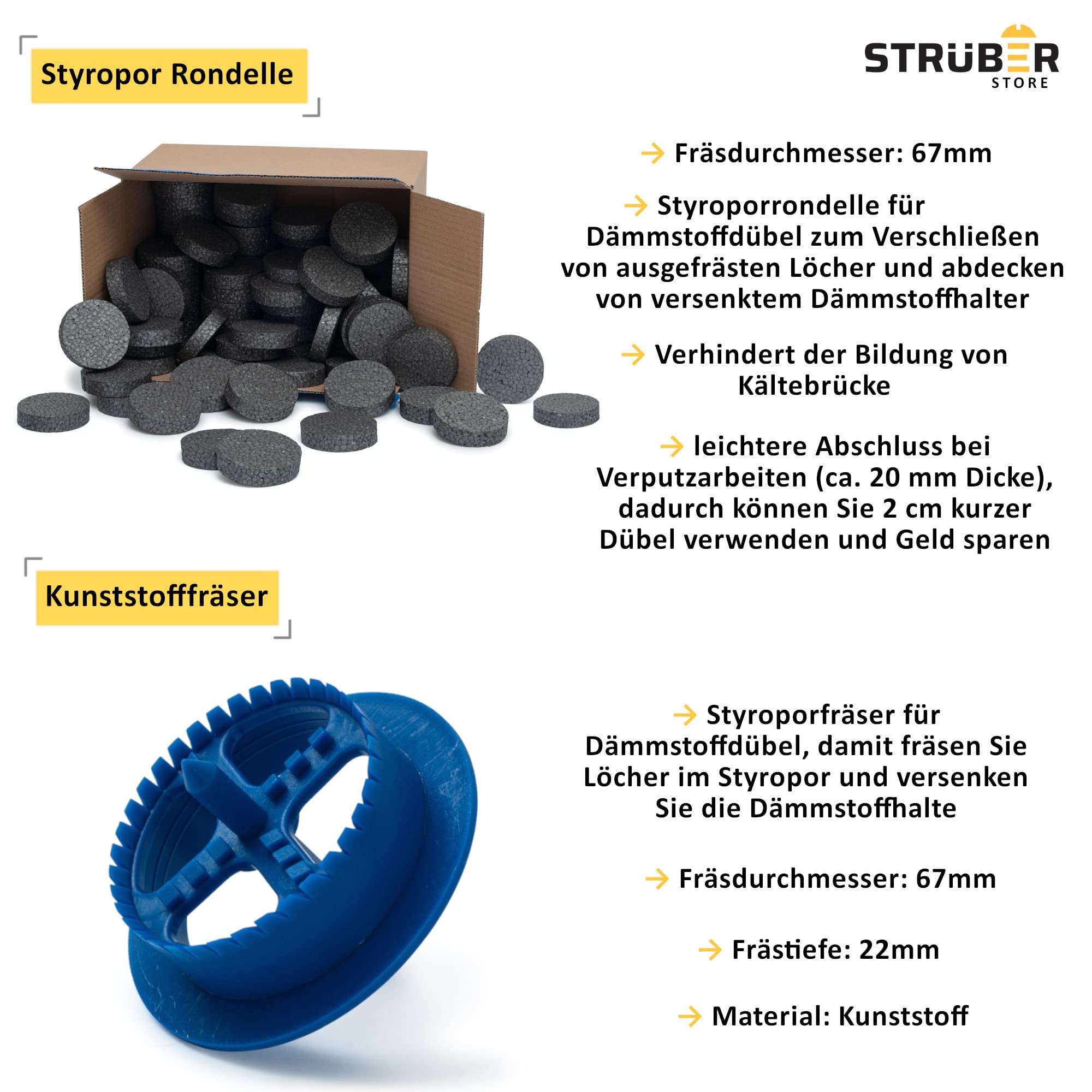 STRÜBER WDVS SET (Ø10x220mm Dämmstoffdübel mit Kunststoffnagel 100St + Grau Styropor Rondelle 100St + Styroporfräser 1St) Satz für Fassadendämmung Wärmedämmung EPS Abdeckkappen Fräse Tellerdübel ETA