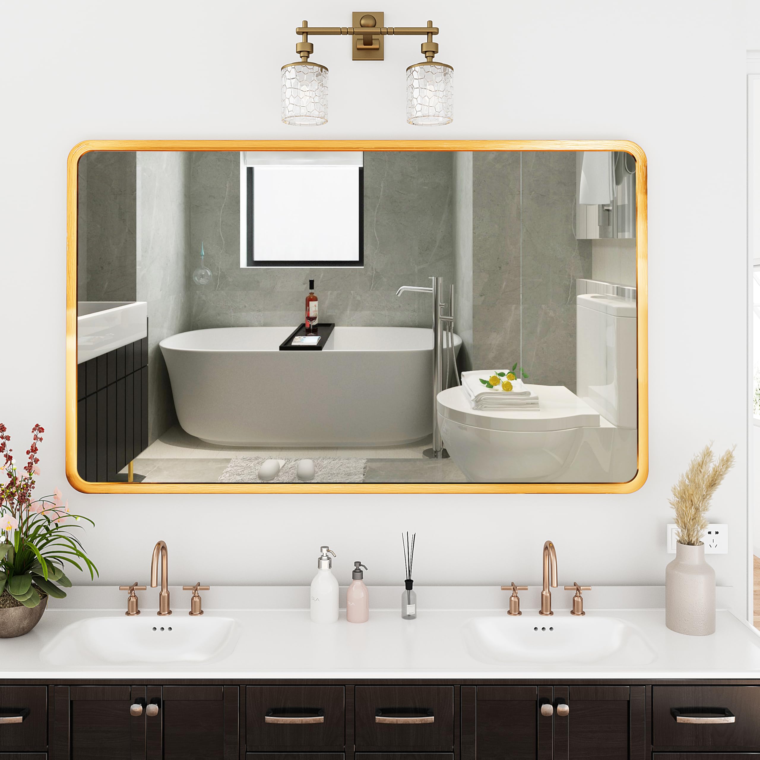 Specchio da parete da 70 x 120 cm, Oro specchio da bagno,con cornice in lega di alluminio, per bagno soggiorno, camera da letto, ingresso, decorazione da parete