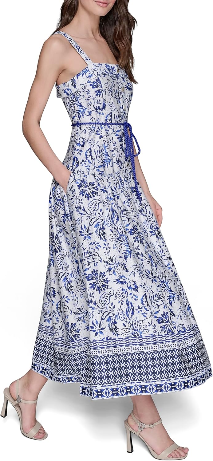 Karl Lagerfeld Womens Sleeveless Square Neck Cotton Midi Dress - Image 3