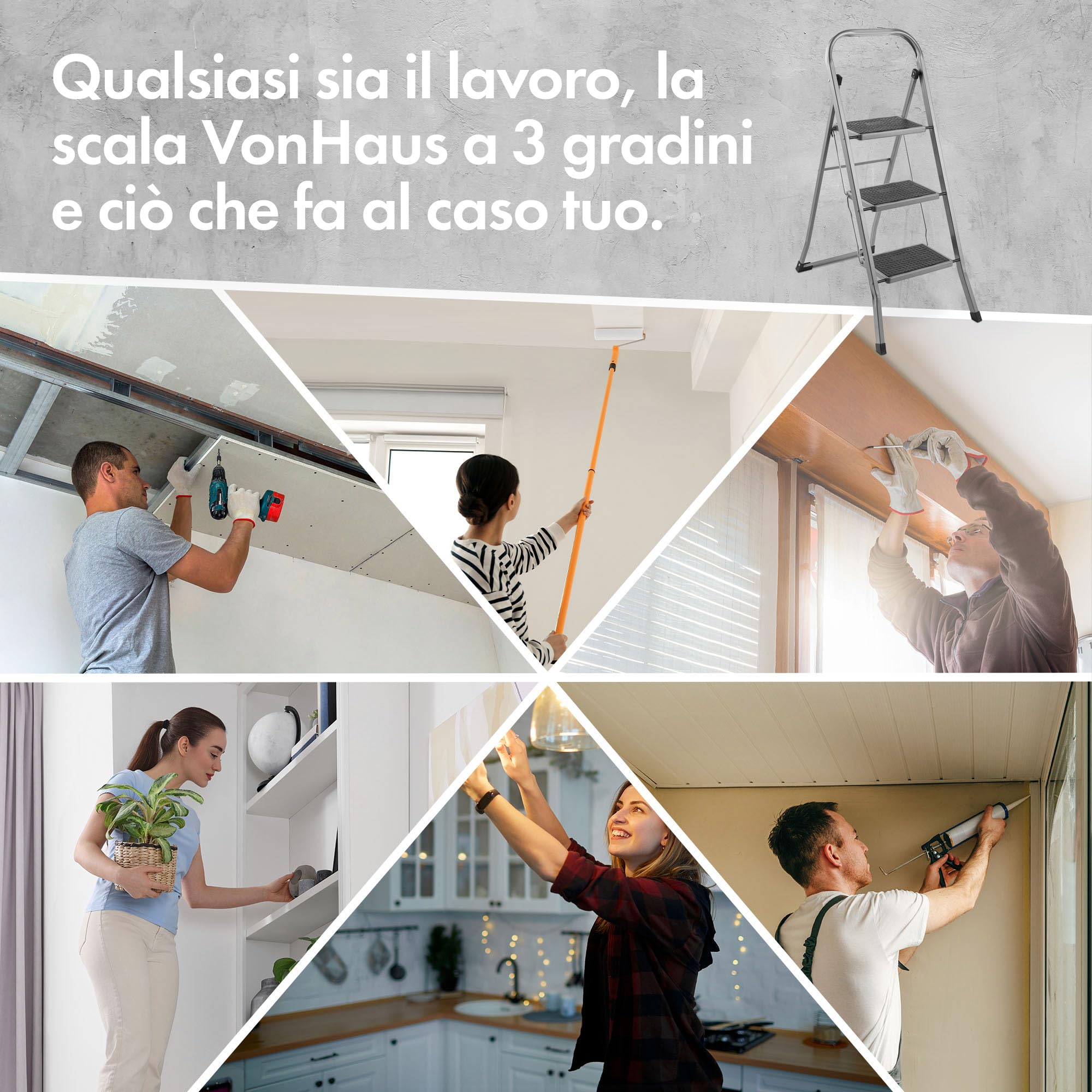 VonHaus Scala con Piedini Antiscivolo - Scaletta Pieghevole, Facile da Riporre, Capacità Massima 150 Kg - Scala Pieghevole di Alta Qualità per Fai da Te e Giardinaggio (Grigio, 3 Gradini)