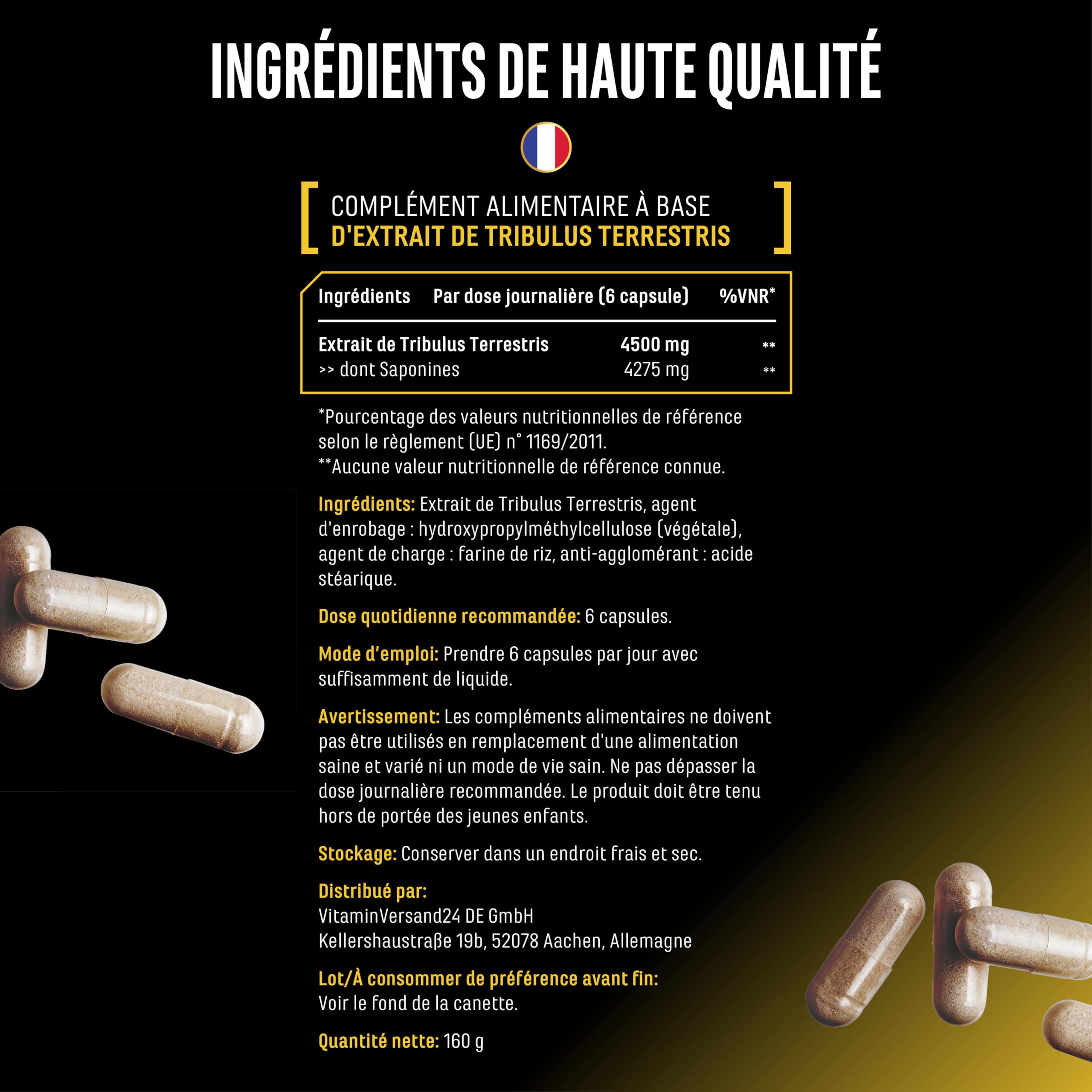 Tribulus Max - 180 capsules - Hautement Dosé avec 4500 mg par Dose Journalière - Premium : 95% Saponines - Extrait pur de Tribulus Terrestris 10:1 - sans Additifs Inutiles, Végan