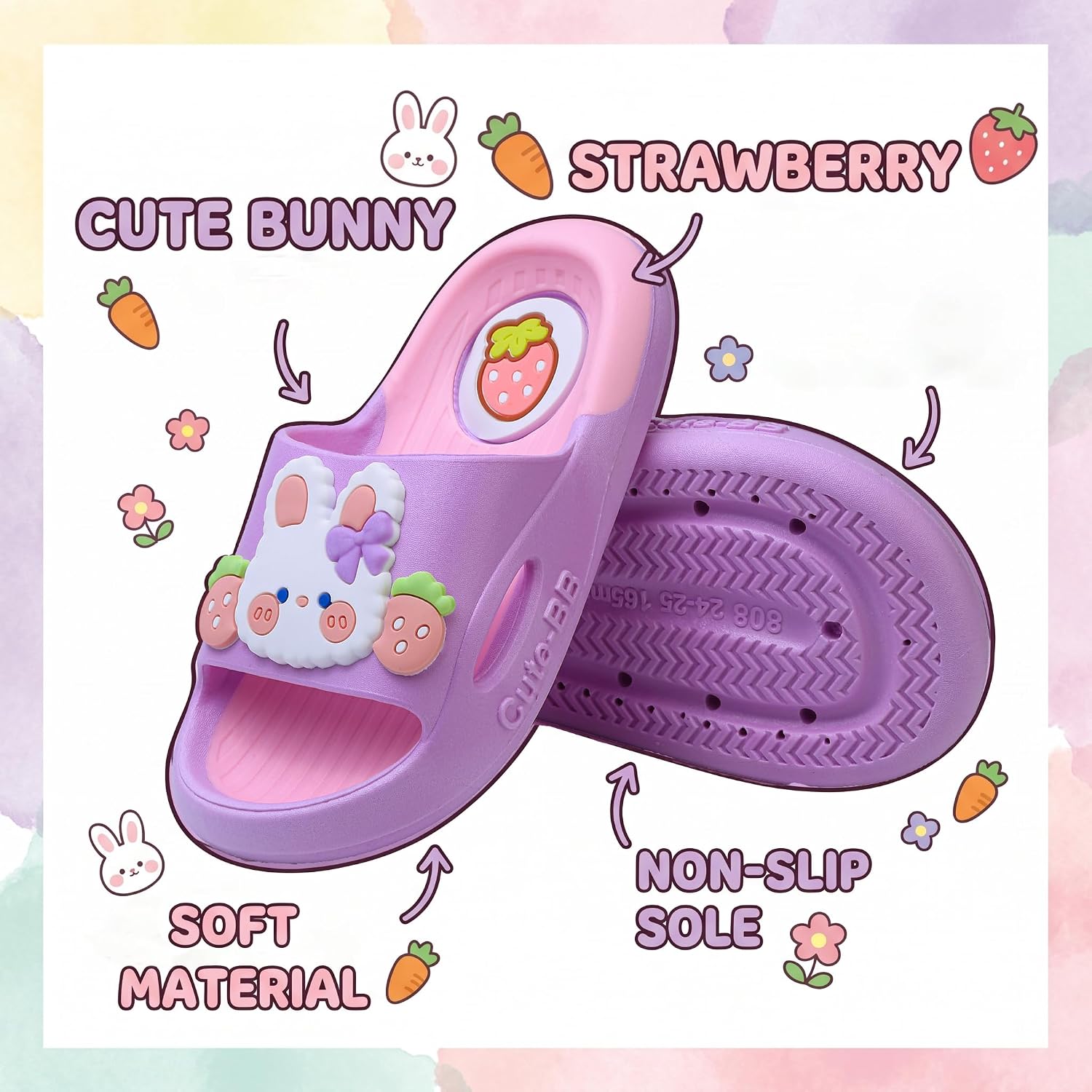 Kids Slides for Girls Boys - Toddler Bunny Slippers Quick Drying Shower Shoes Non-Slip Pool Sandals Shower Flip Flops