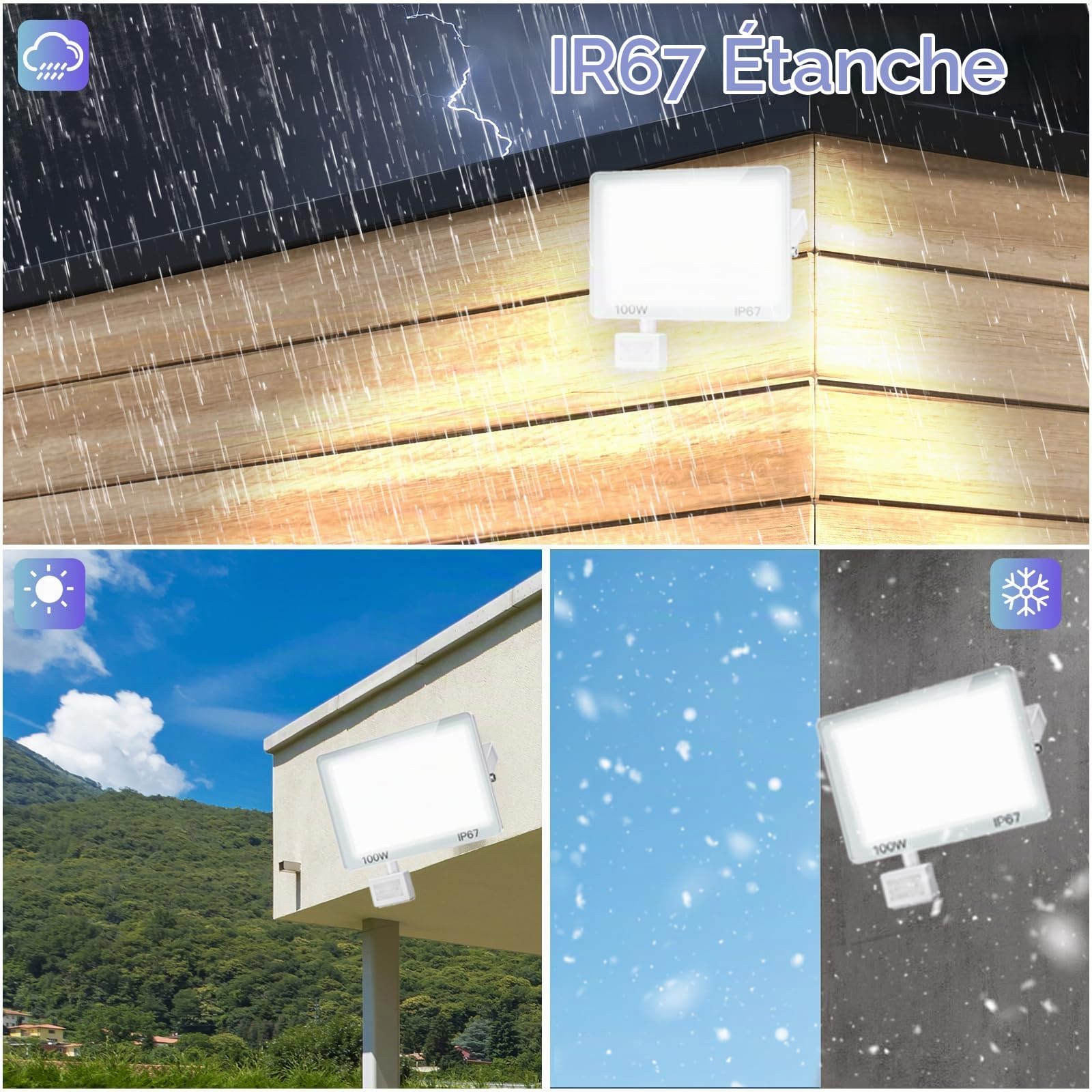 Projecteur LED Exterieur Detecteur de Mouvement 100W 10000lm | 2 Pièces Spot LED Extérieur Avec Detecteur Blanc Froid, IP67 Étanche Éclairage de Sécurité d'extérieur Pour Patio Terrasse