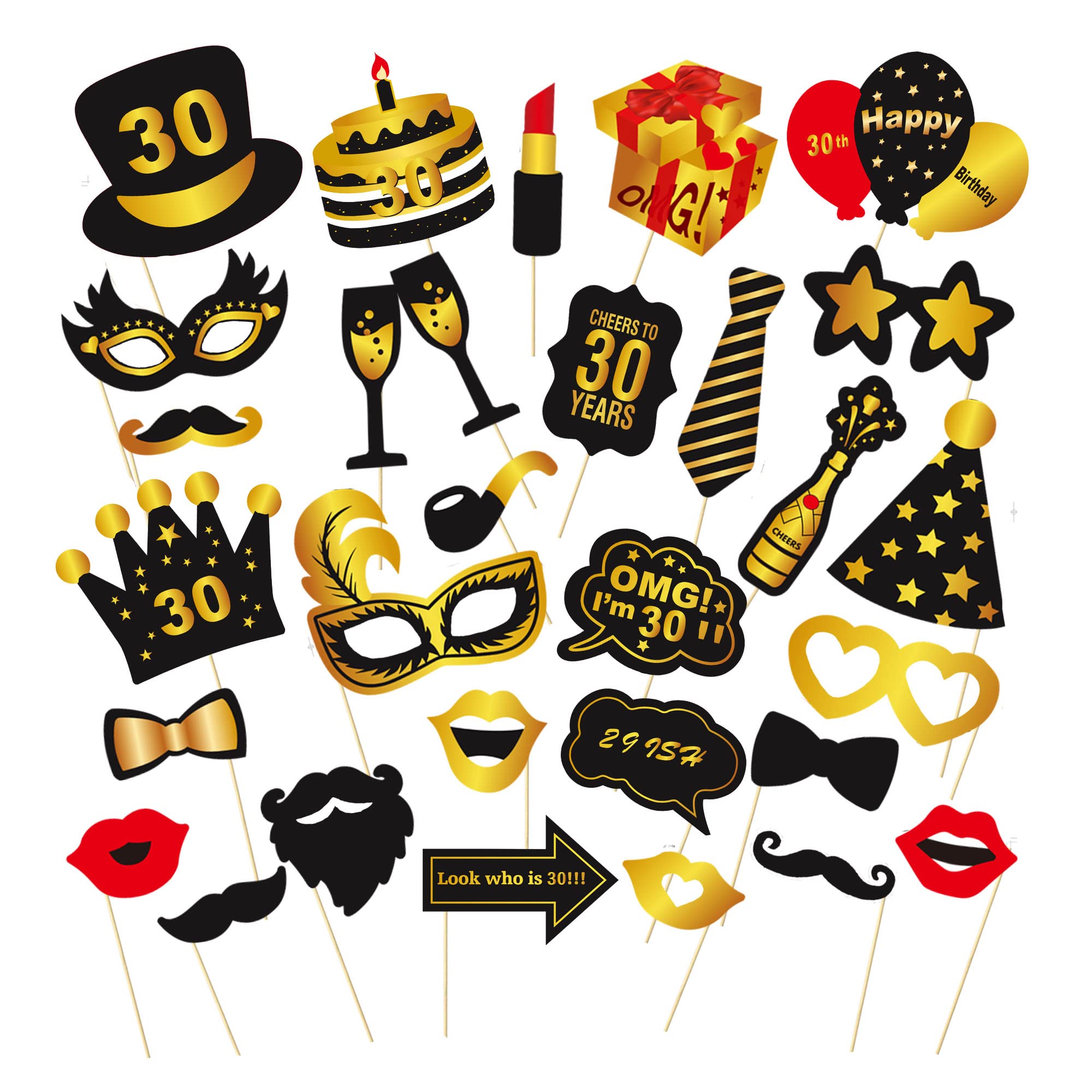 DWDZLXZ 30 pcs Birthday Photo Booth Props Kit, DIY Funny 30TH Black and Gold Happy Birthday Photo Props Set for Her and Him Decorations with Sticks, Birthday Party Supplies for Girl and Boy (30th)