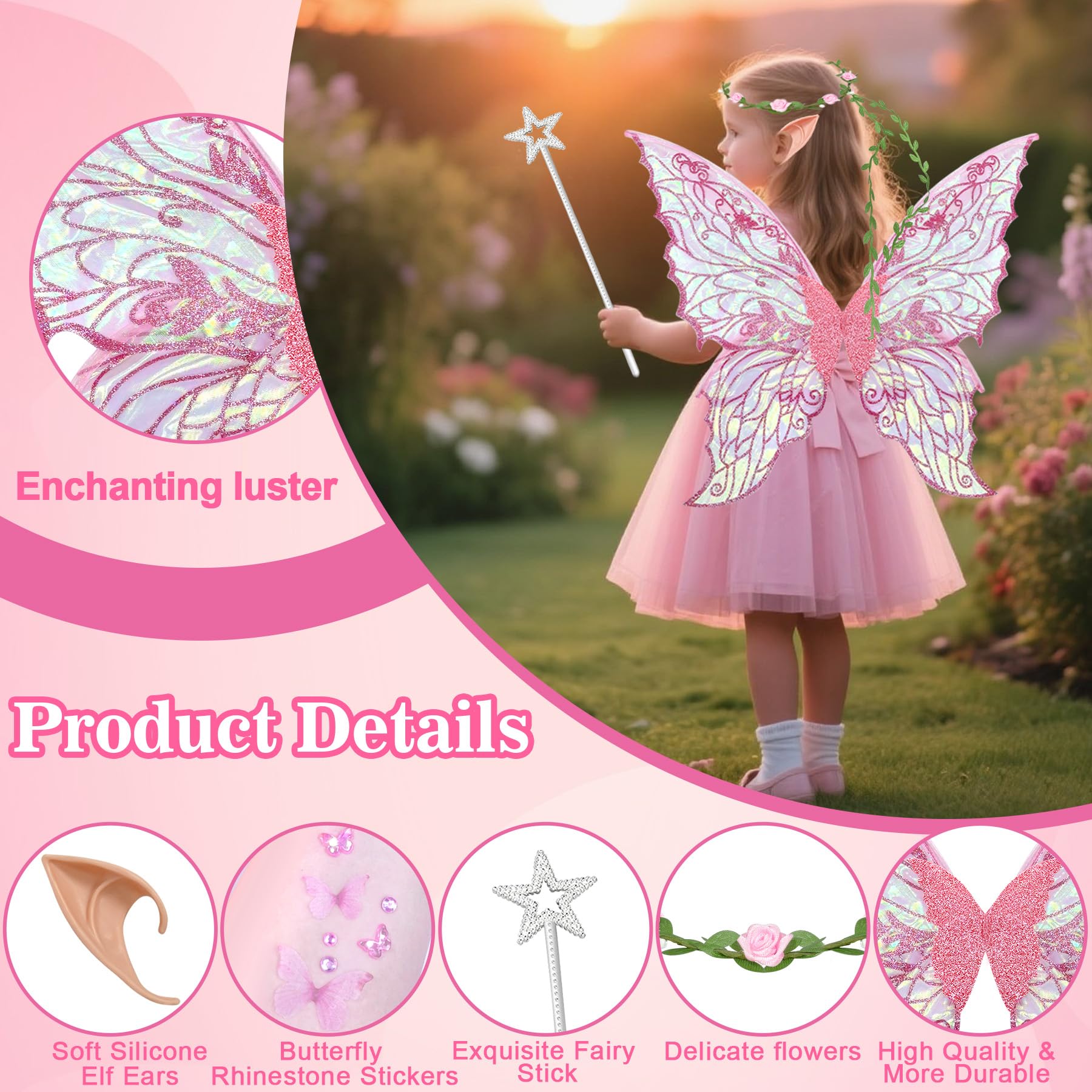 YeahBoom Children's fairy wings, butterfly wings with elf ears, fairy headband and star fairy wands, butterfly wings - Image 3