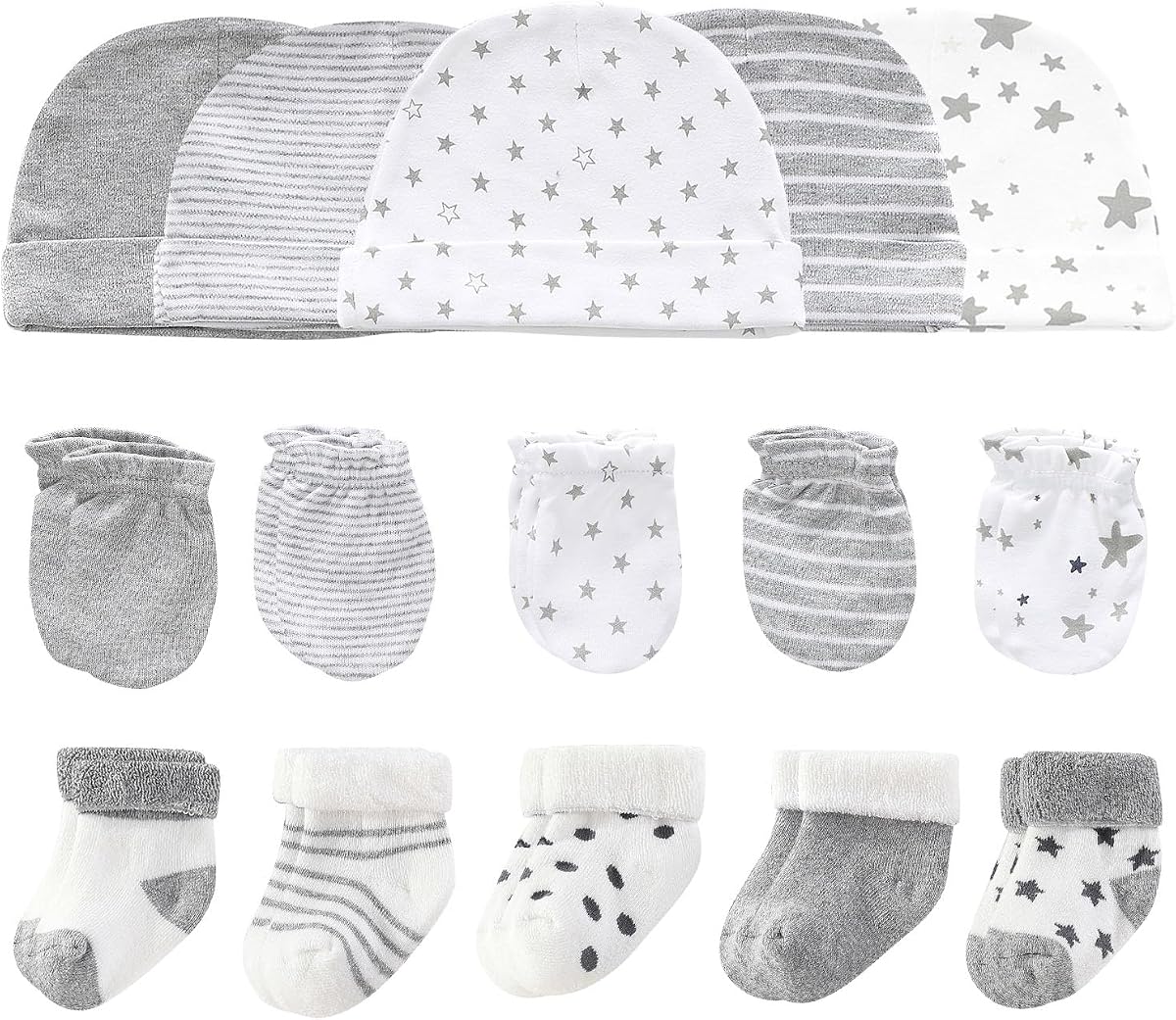 Ruliby Newborn Baby Hats Mittens and Socks Set Cotton Beanie 0-6 Months | New born boys girls essentials ,soft caps no scratch gloves