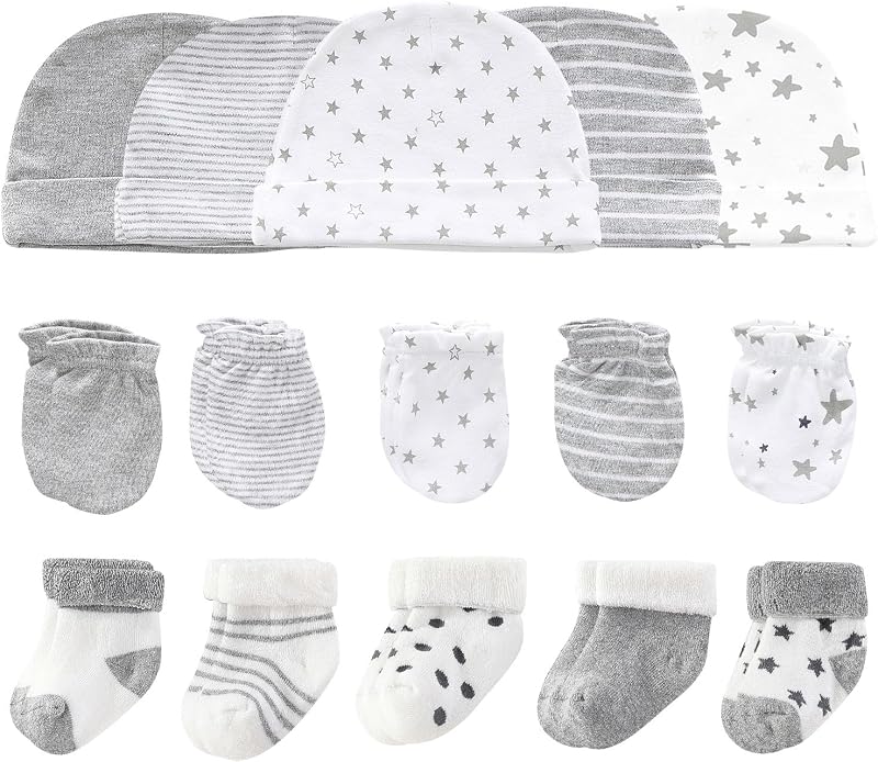 Ruliby Newborn Baby Hats Mittens and Socks Set Cotton Beanie 0-6 Months | New born boys girls essentials ,soft caps no scratch gloves