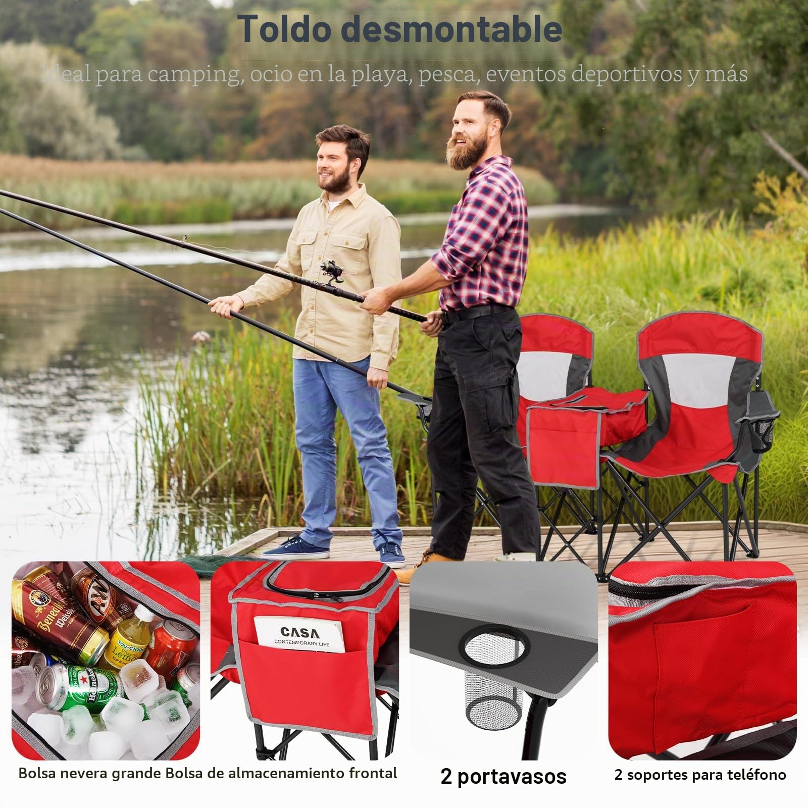 KOMFOTTEU Silla Plegable de Camping Doble, 2 Sillas de Exterior con Techo Ajustable para 2 Personas, Silla de Pesca Portátil con Portavasos, Bolsa de Transporte, para Picnic, Jardín, Playa