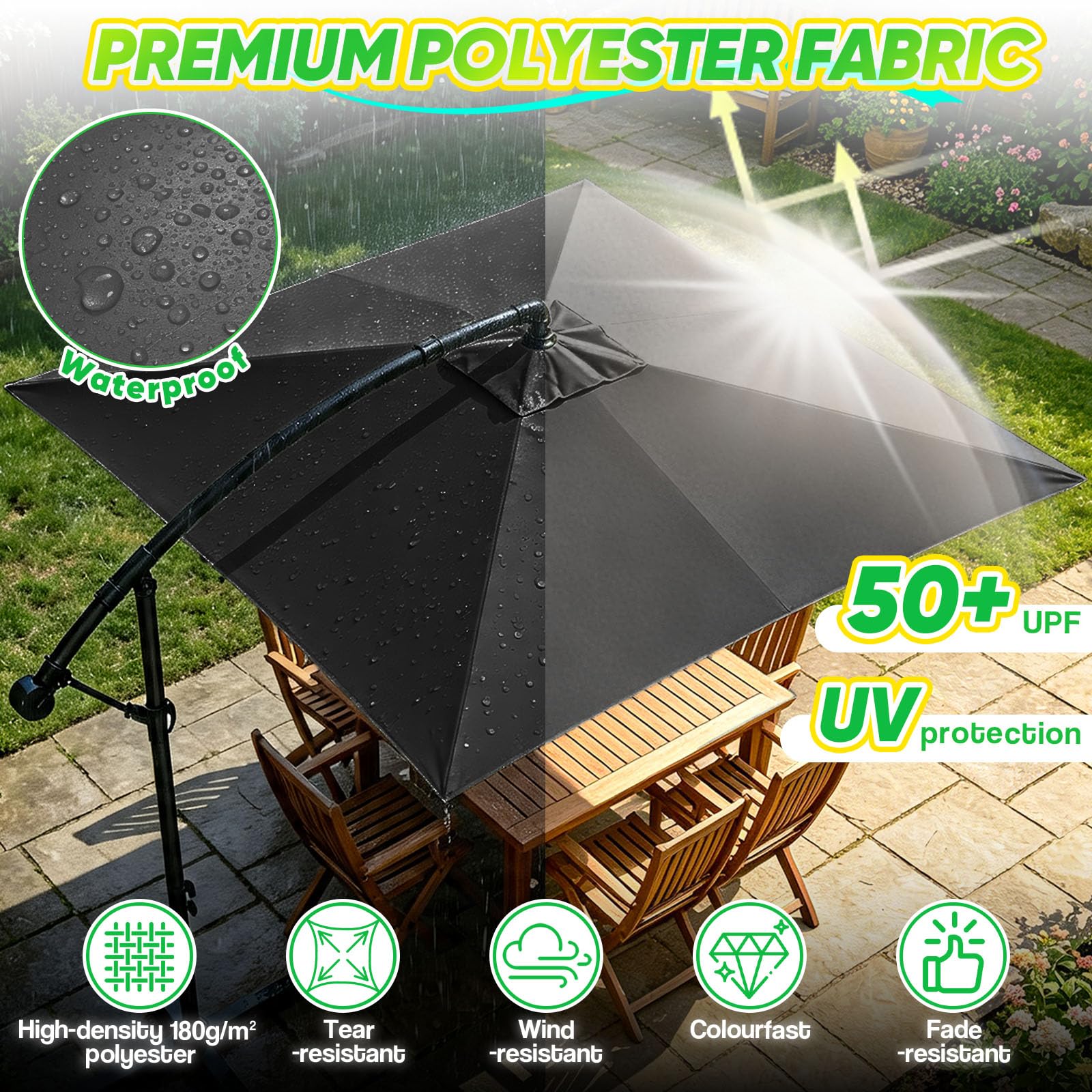 Verdego Sonnenschirm mit Ständer, Ampelschirm Rechteckig Ø350cm, Gartenschirm mit Kurbel, Schutzhülle, UV-Schutz Windfest Wasserabweisend Aluminium, Marktschirm, 360° Drehbar