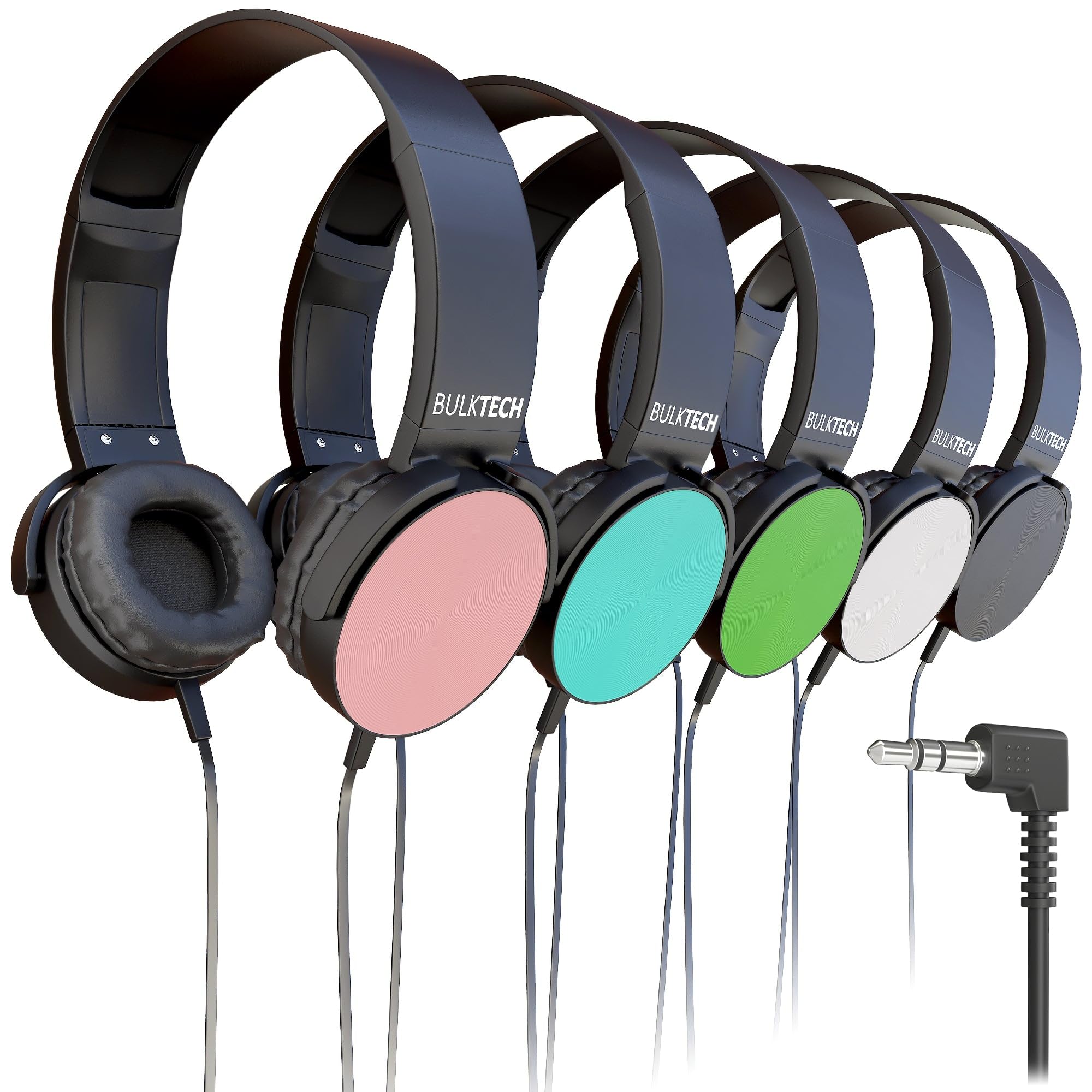 5 Pack Bulk Wired On-Ear Leather Headphones with 3.5mm Connector, Round Metal Housing, Multi