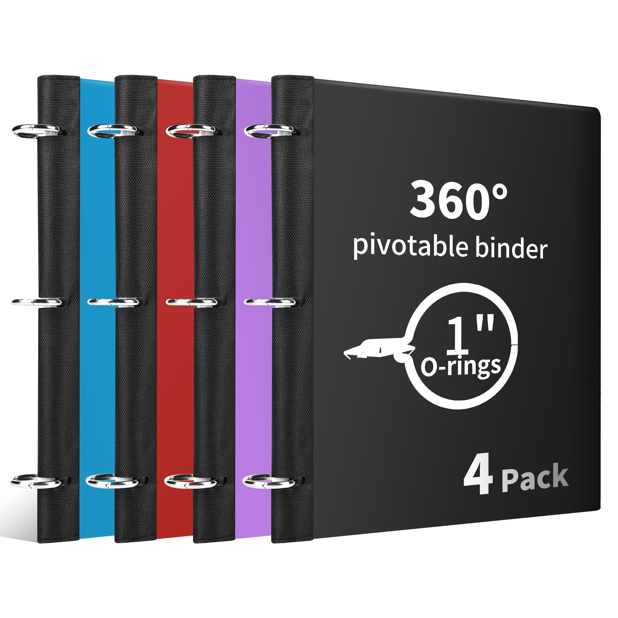 Tashkummy 360° Pivotable 3 Ring Binder, Upgraded Foldable Binders 1 inch 4 Pack, Thin Small Three Ring Binder Fits 8.5" x 11", for Home, School and Office Binders Supplies -Black, Blue, Red, Purple