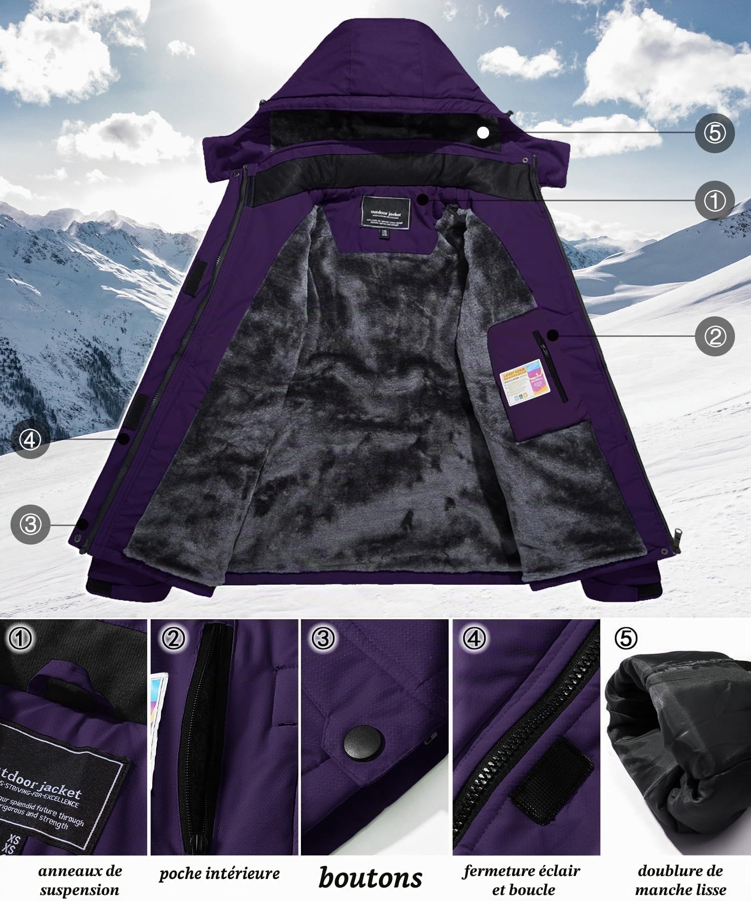 TACVASEN Veste Imperméable Femme Veste en Fleece pour Ski d'Hiver et Randonnée Extérieure avec Capuchon Détachable