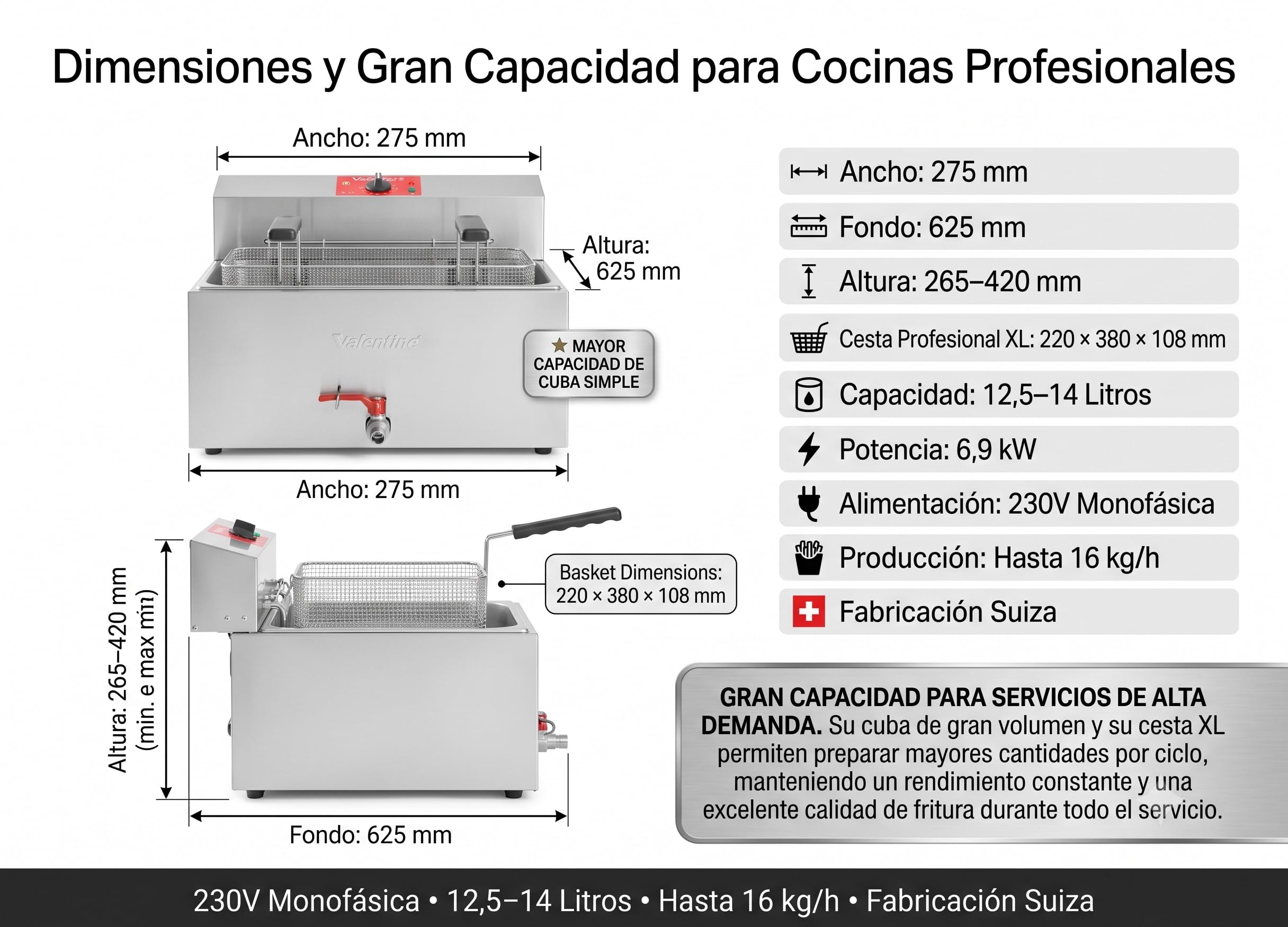 Freidora Industrial 14 Litros Swiss Made | Freidora de Aceite Profesional para Hostelería en Acero Inoxidable con Zona Fría y Alto Rendimiento