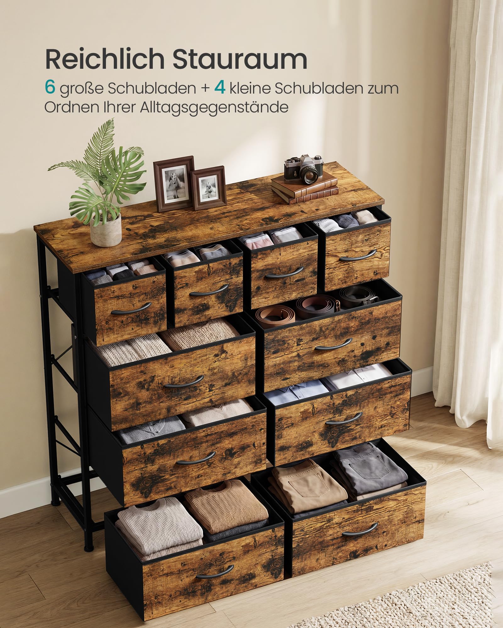 SONGMICS Kommode mit 10 Stoffschubladen, Schubladenschrank mit Metallgestell, Aufbewahrungsschrank, 98,7 x 30 x 96,2 cm, für Schlafzimmer und Flur, Rustikales Braun, BELLAH Kollektion LGS236K101